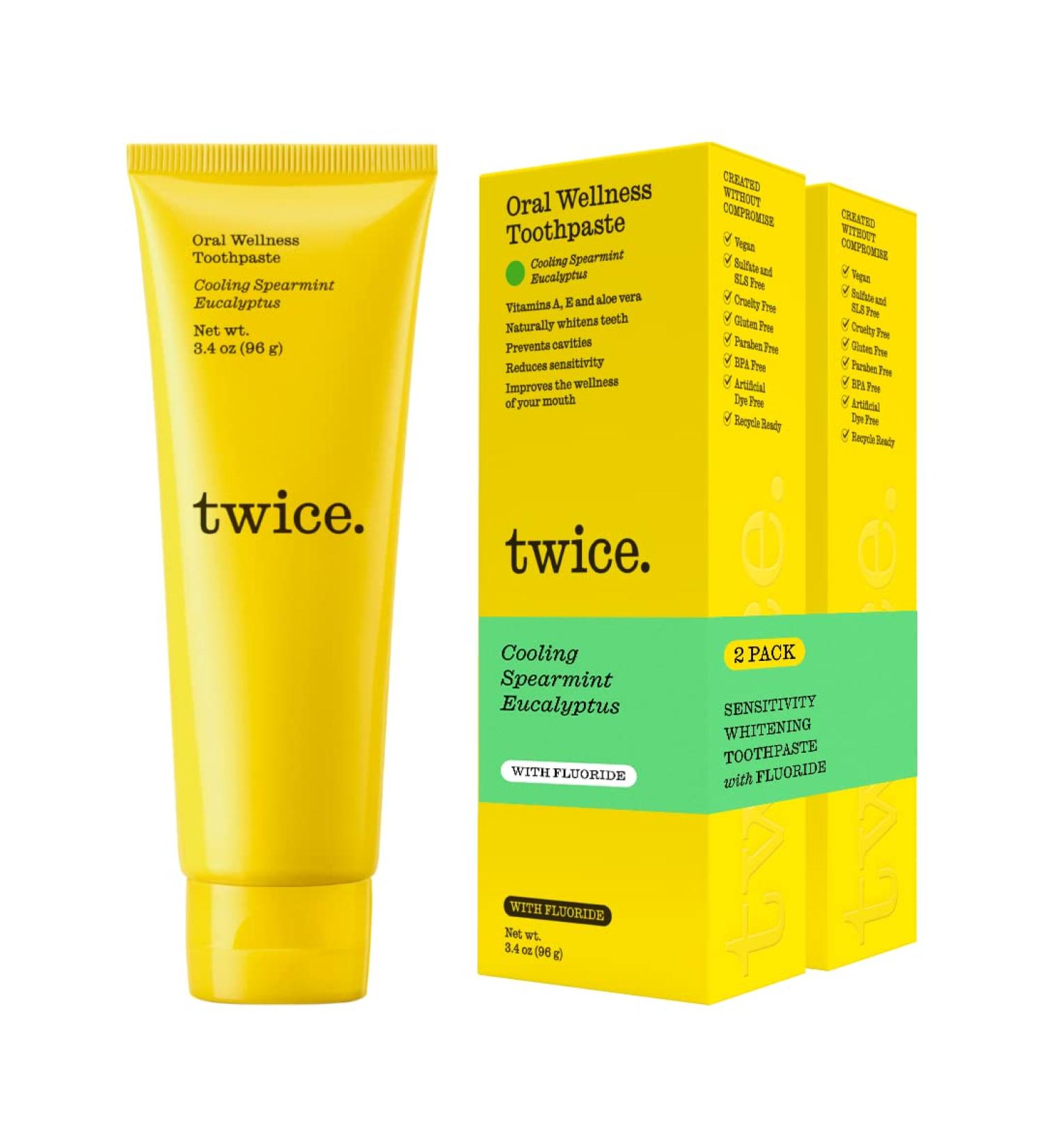 Twice Vegan Sensitive Teeth & Whitening Toothpaste - SLS Free, Fluoride, Cavity Protection - Cooling Spearmint Eucalyptus (2-Pack) - 3.4 oz - Buy Online on GoSupps.com