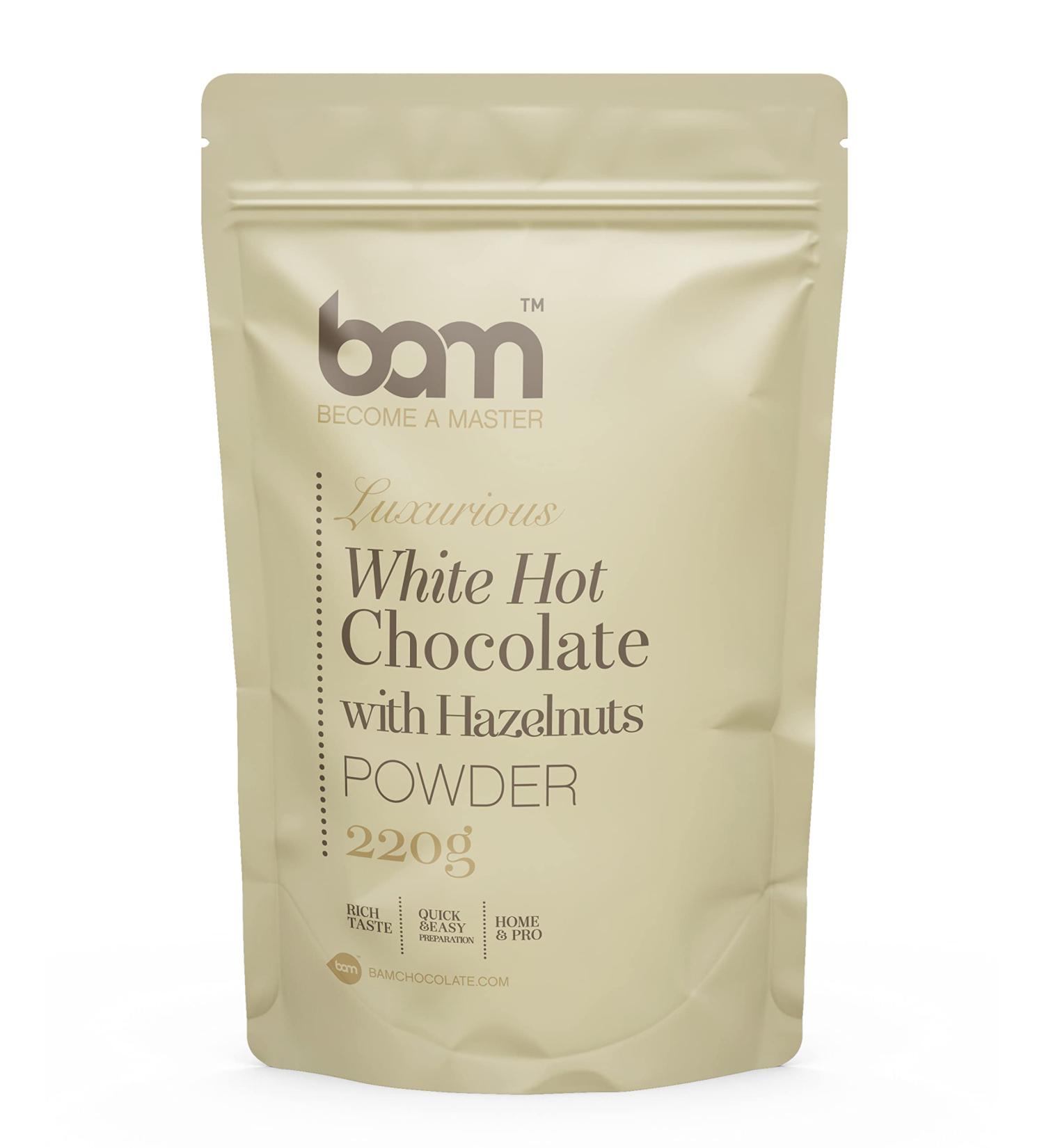 BAM Luxurious White Hot Chocolate With hazelnuts Powder Drink Mix 220 g 7 Servings - Buy Online on GoSupps.com