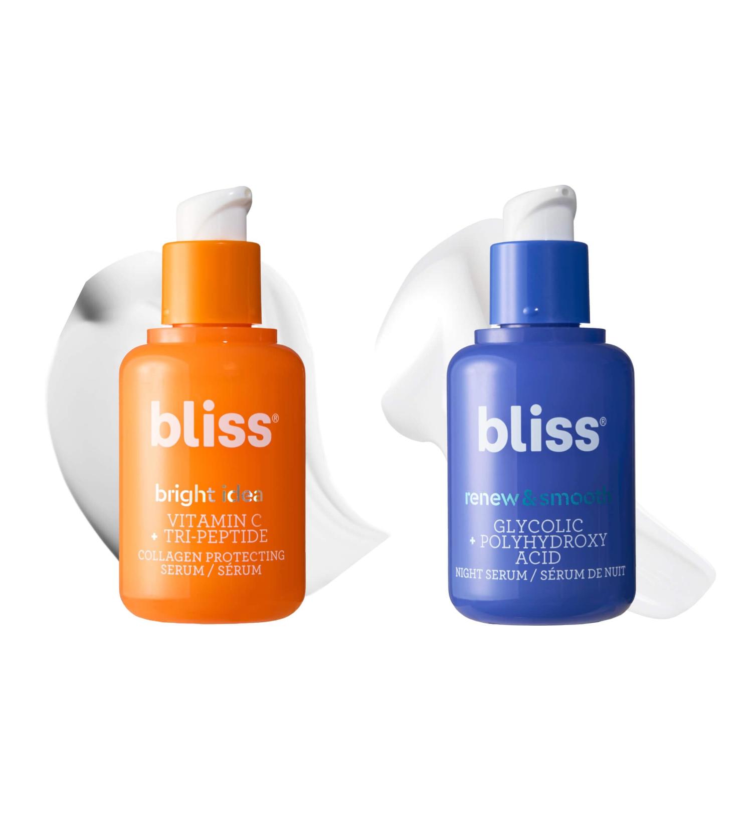 Bliss Vitamin C Bright Idea + Glycolic Acid Renew & Smooth Day and Night Serum Duo | Anti-Aging and Brightening Face Serums Duo for Bright Smooth & Firm Skin | Vegan Clean & Cruelty-Free | 2x1 Fl Oz - Buy Online on GoSupps.com