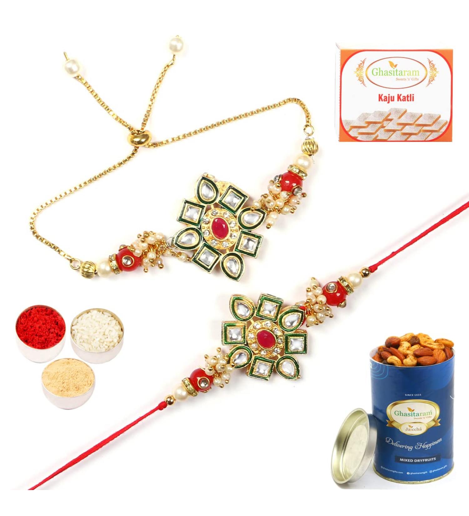 Ghasitaram Gifts Rakhis Online - Rakhi for Brother-RT-Stone Pair Bhaiya Bhabhi Rakhi with 100 GMS of Dryfruits Mix Can 200 GMS of Kaju katli Rakhi Set & 100g Dryfruits Mix Can 200g Kaju katli - Buy Online on GoSupps.com