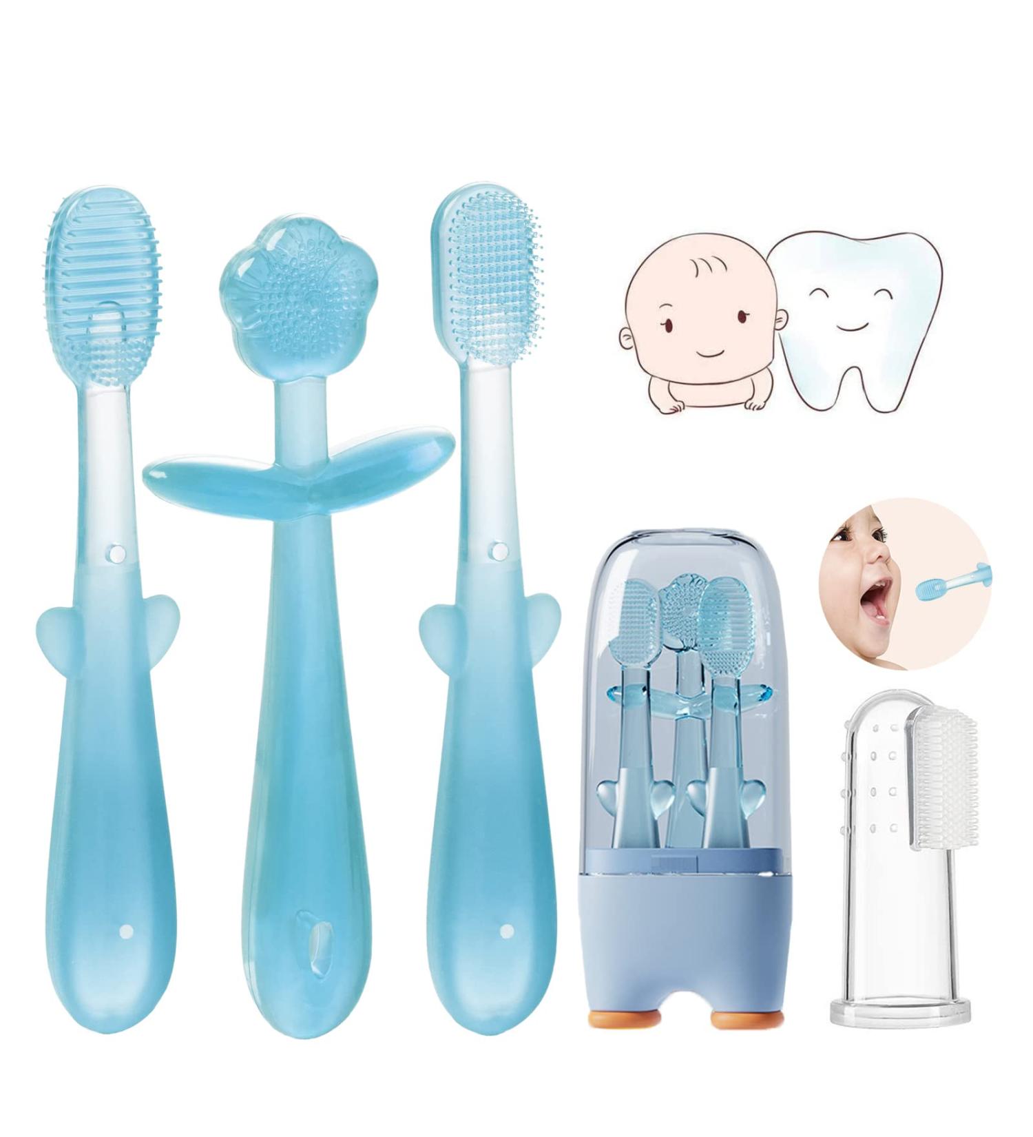 FokiiBO Baby Silicone Toothbrush Set - Teether, Tongue Brush, Finger Toothbrush + Cup | 0-18M Infant Toddler Toothbrush Kit (Blue) - Buy Online on GoSupps.com