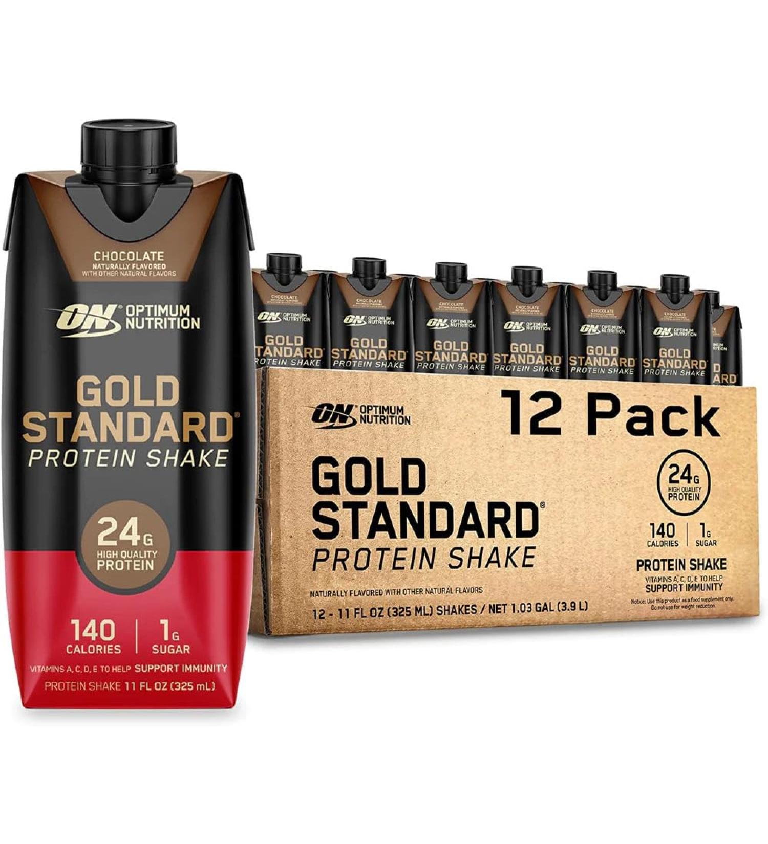 ON Gold Standard Ready To Drink Protein Shake | 24 Grams Protein 140 Calories 1 Gram Sugar | Gluten Free Protein Shake with Vitamin A C D E to Support Immunity | 355 mL Per Shake (Chocolate Pack of 12) Chocolate Pack of 12 - Buy Online on GoSupps.com