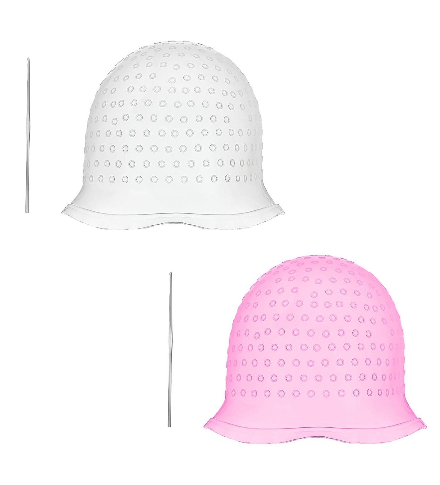 Hair Extension Cap Set Silicone Hair Dye Cap with Metal Crochet Soft and Durable Easy to Clean Suitable for Women and Girls 2 Pieces (Pink/White) - Buy Online on GoSupps.com