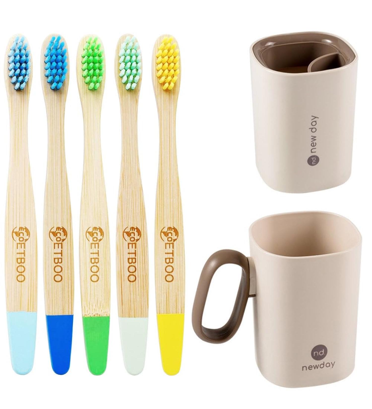 Shop Eco-Friendly Bamboo Toothbrushes Set - Natural Organic Wooden Family Toothbrush with Holder & Cup - Kids Pink Toothbrushes - Buy Online on GoSupps.com