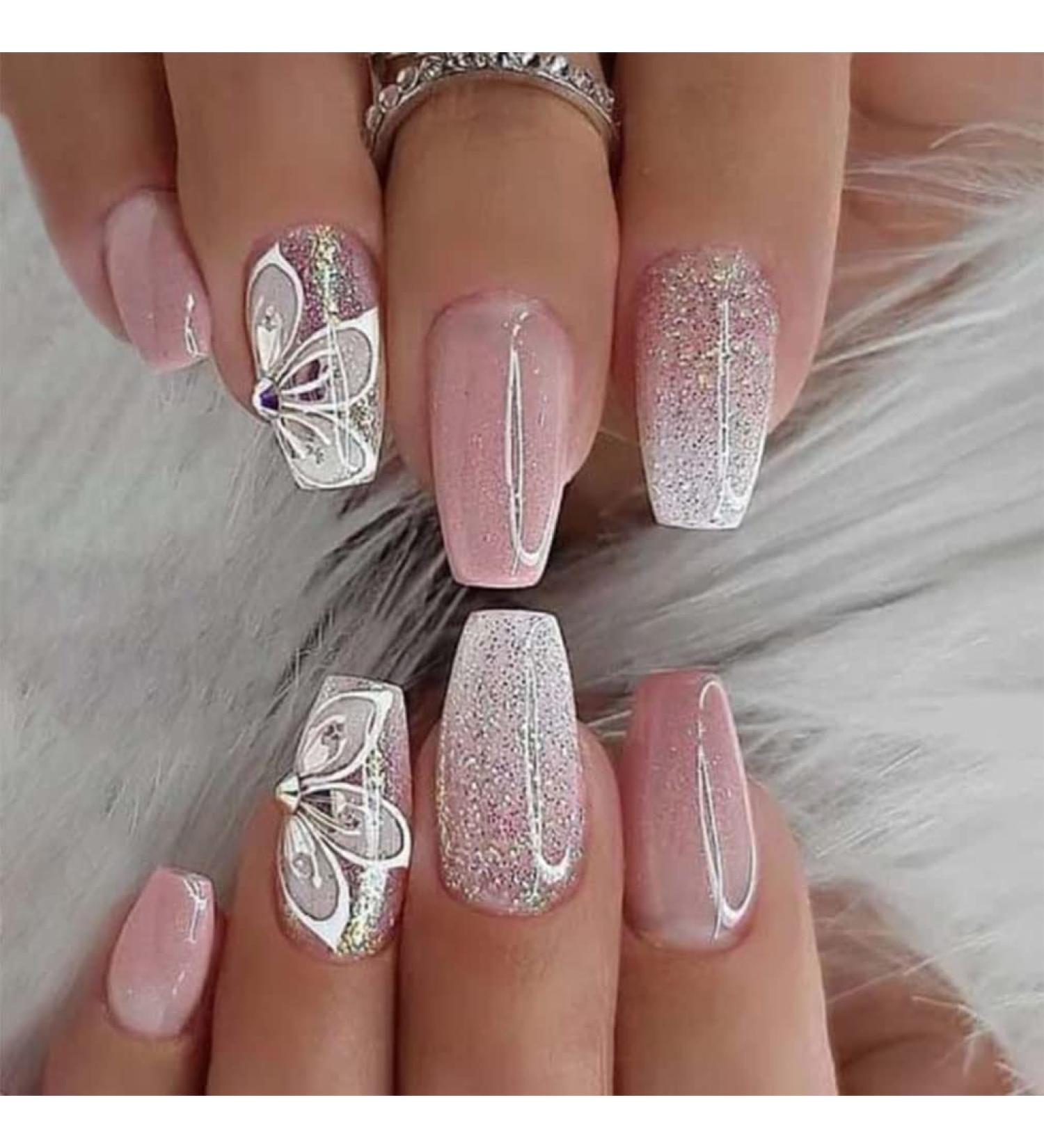 Sethexy Short Ballerina Artificial Nails - 24 Pastel Flower Glitter Acrylic Fingernails for Women & Girls | Shiny False Nails - Buy Online on GoSupps.com