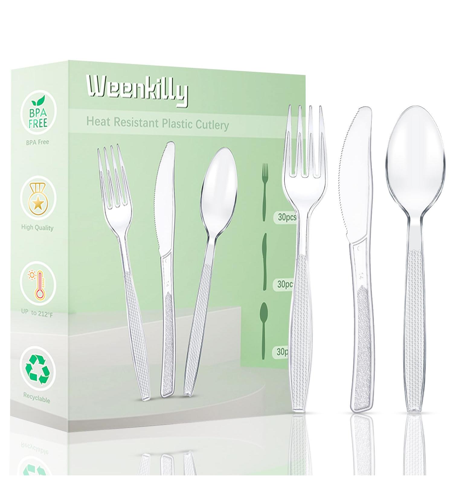 Plastic Cutlery Set 90 Pieces 30 Plastic Forks Knives and Plastic Spoons Reusable Plastic Cutlery Transparent and Robust Cutlery Sets for Birthday Party Barbecue Party Wedding ect (Transparent) Transparent Cutlery Set 90 Pcs - Buy Online on GoSupps.com