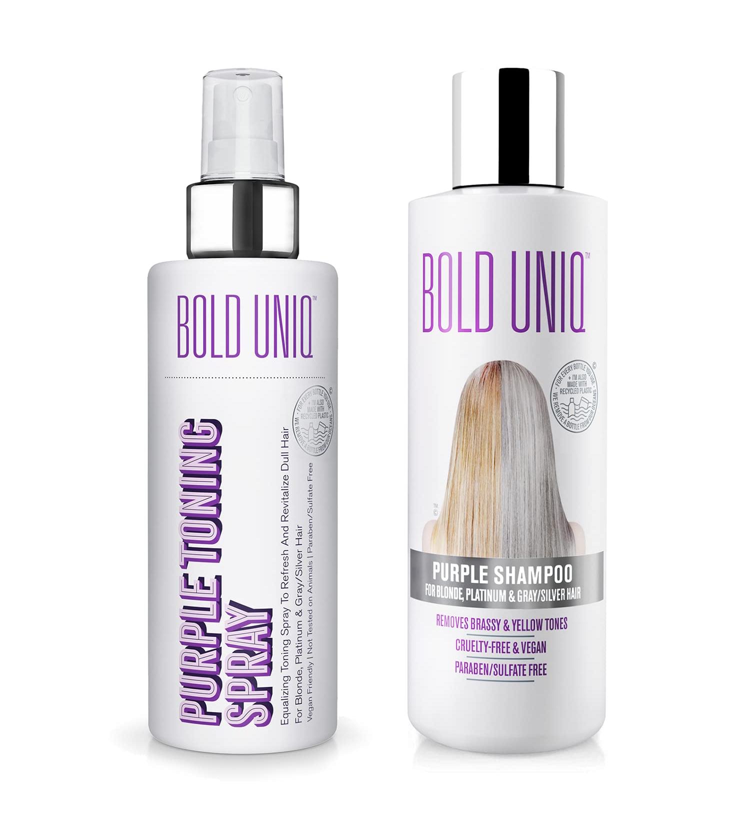 Bold Uniq Blonde Toner Spray & Purple Shampoo Bundle. Remove Brassy Yellow tones in Blonde Platinum & Gray/Silver Hair. Paraben & Sulfate Free. Vegan & Cruelty Free. - Buy Online on GoSupps.com
