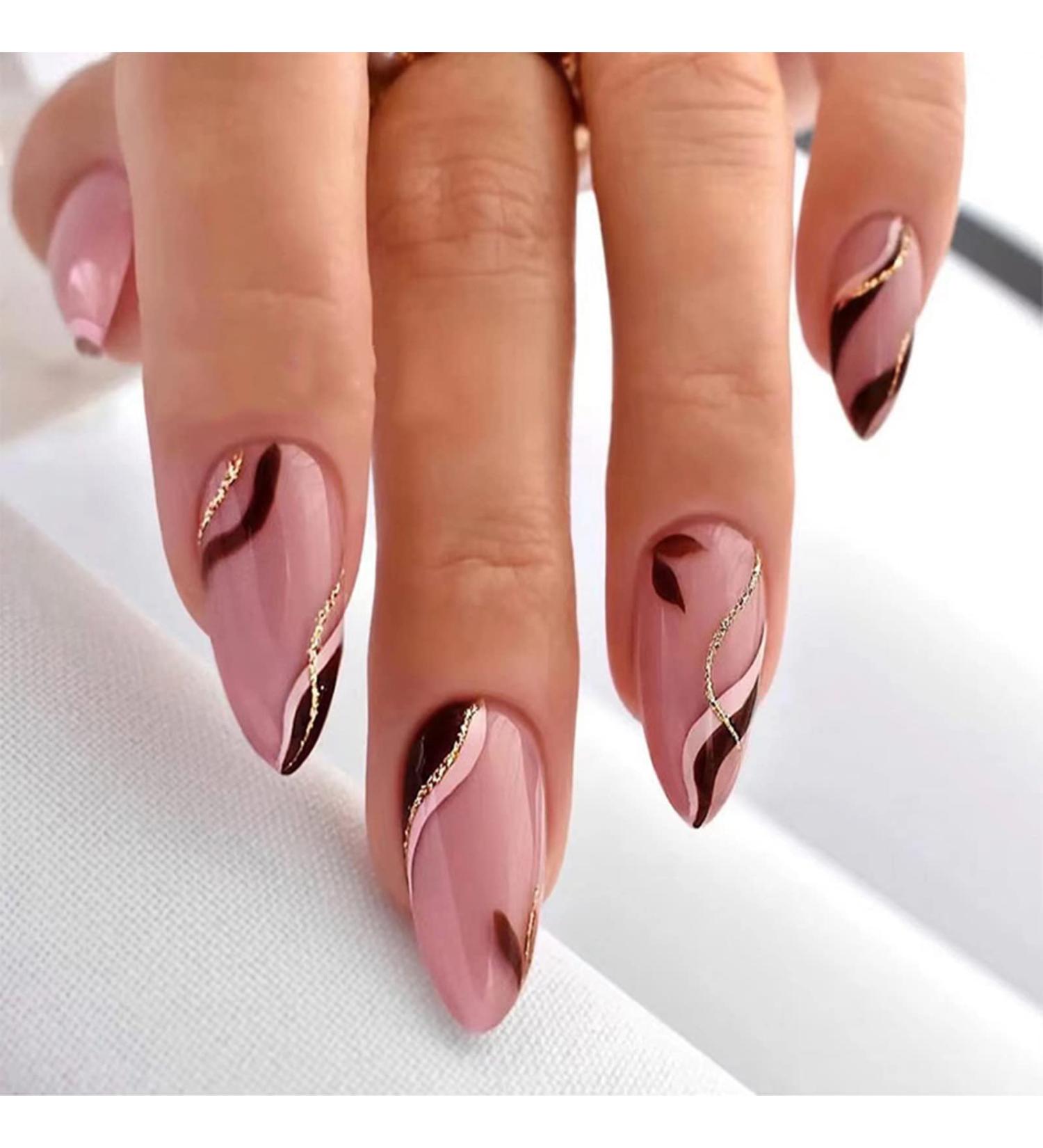 24pcs Short Almond Pink Brown Wave Glitter Gold False Nails - Women's Nail Art Accessories - Buy Online on GoSupps.com