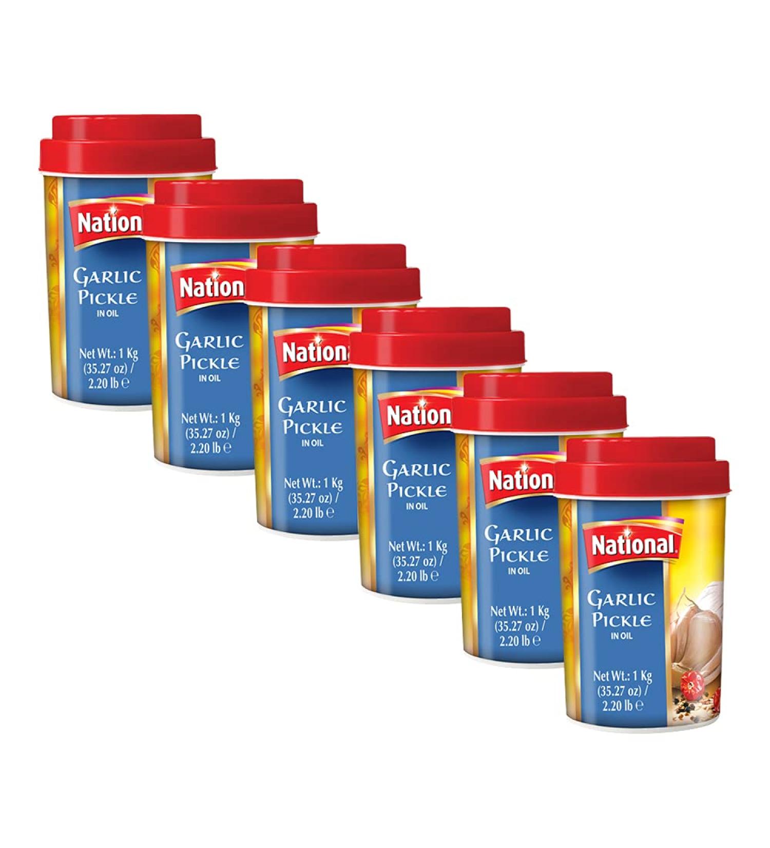 National Foods Garlic Pickle 35.27 oz (1000g) Spicy Traditional South Asian Relish | Zesty & Tangy Lahsun Achaar | Plastic Jar | Pack of 6 Garlic (1000g) 1 kg (Pack of 6) - Buy Online on GoSupps.com