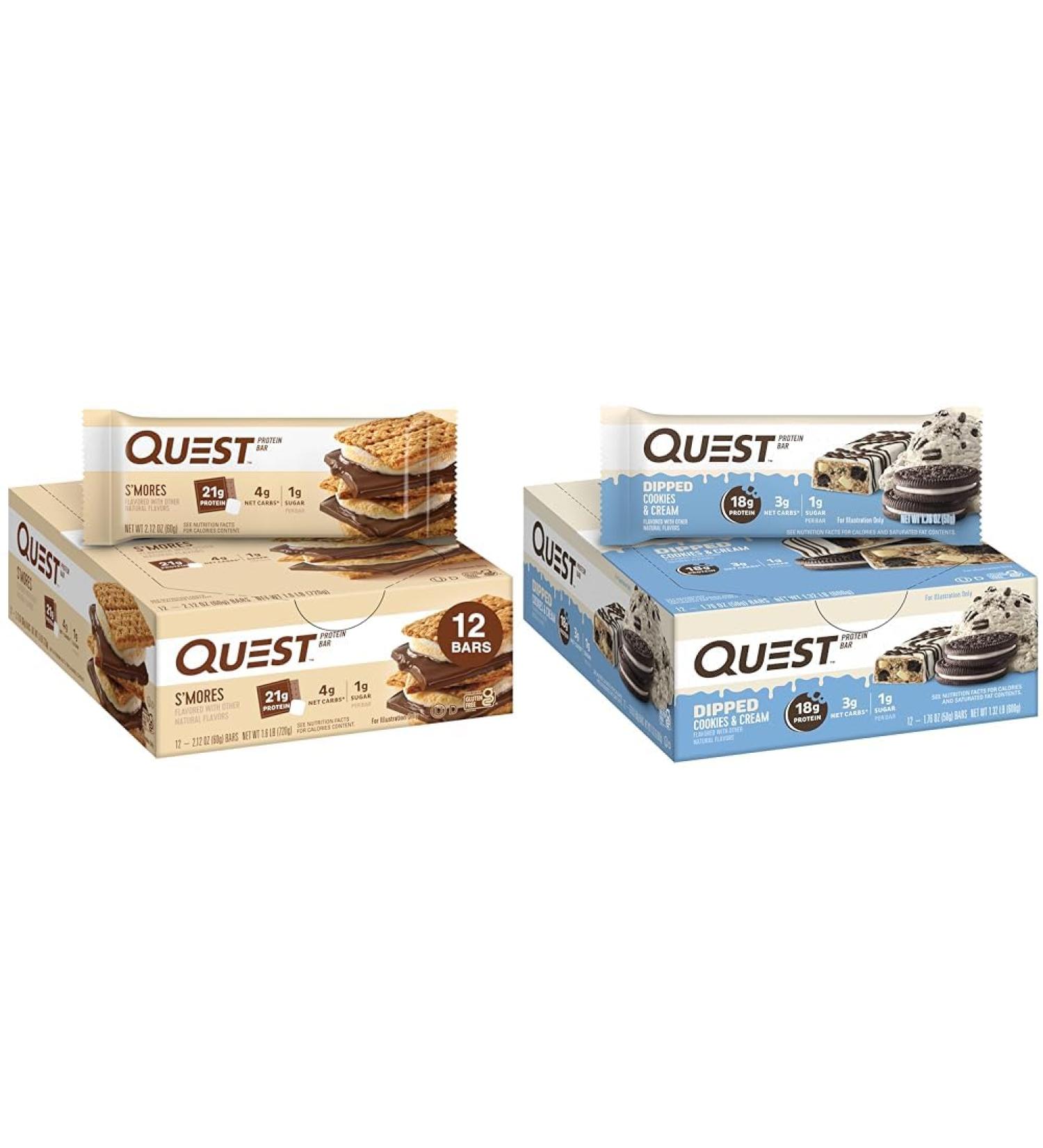 Quest S'mores & Cookies & Cream Dipped Protein Bars Bundle High Protein Gluten Free Keto 12 Count - Buy Online on GoSupps.com