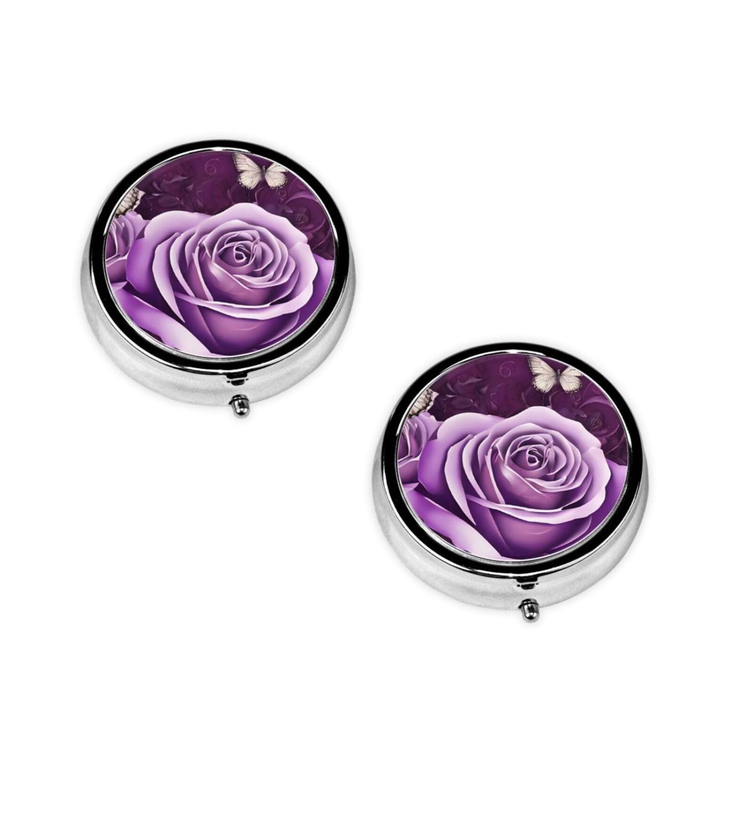 Buy Purple Butterfly Round Pill Box | 3 Compartment Mini Travel Organizer for Vitamins & Medications - Buy Online on GoSupps.com