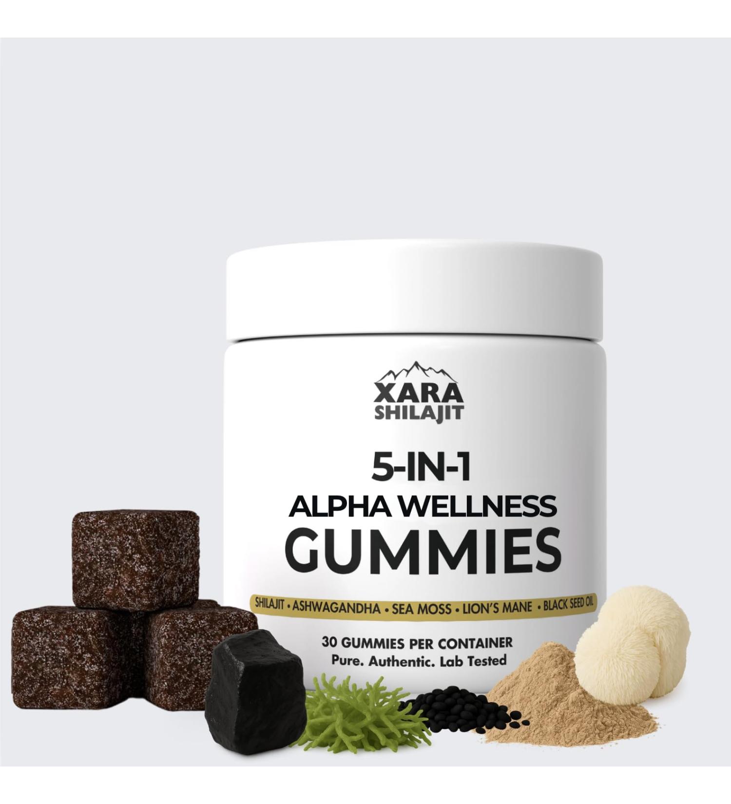 5-in-1 Alpha Wellness Gummies for Men Pure Himalayan Shilajit Sea Moss Ashwagandha Lion's Mane & Blask Seed Oil 85+ Trace Minerals No Added Sugar Vitality Support - Buy Online on GoSupps.com