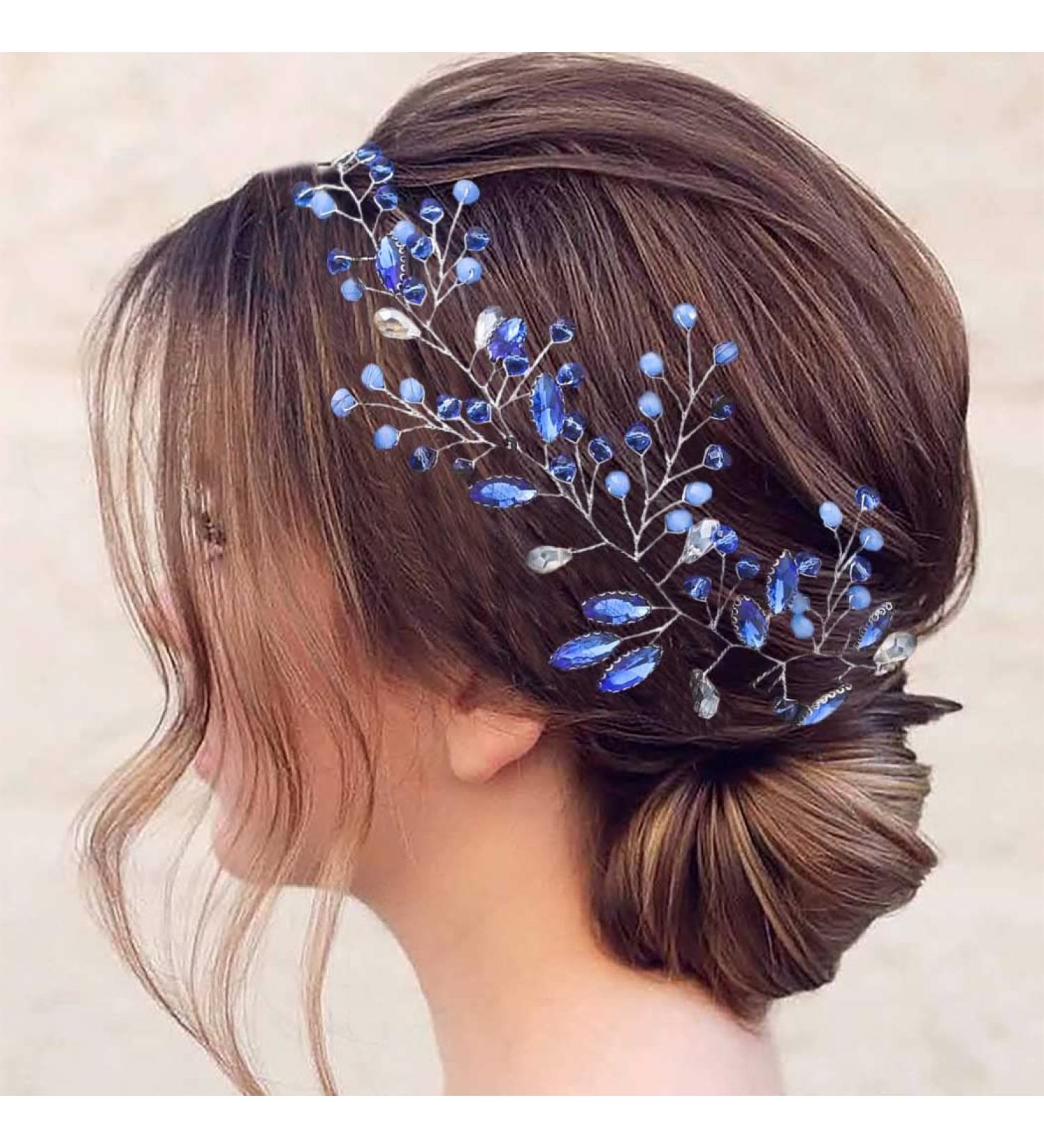 Flayem Bride Wedding Hair Vine Blue Crystal Leaf Headband Rhinestone Headpiece Hair Accessories for Women and Flower Girls - Buy Online on GoSupps.com