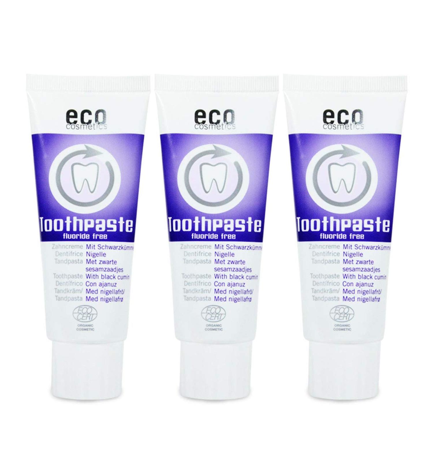 ECO COSMETICS Black Cumin Toothpaste - Organic Vegan Fluoride-Free (3 x 75 ml) | Natural Oral Care - Buy Online on GoSupps.com