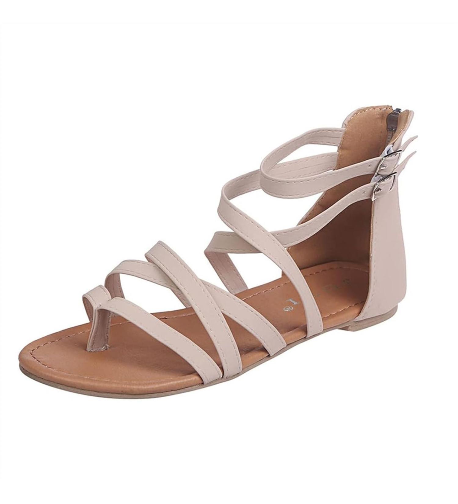 Buy Casual Women's Beach Flip Flops - Spring/Summer Strap Braided Sandals for Bunion Correction - Comfortable Flat Roman Slippers in Beige - Buy Online on GoSupps.com