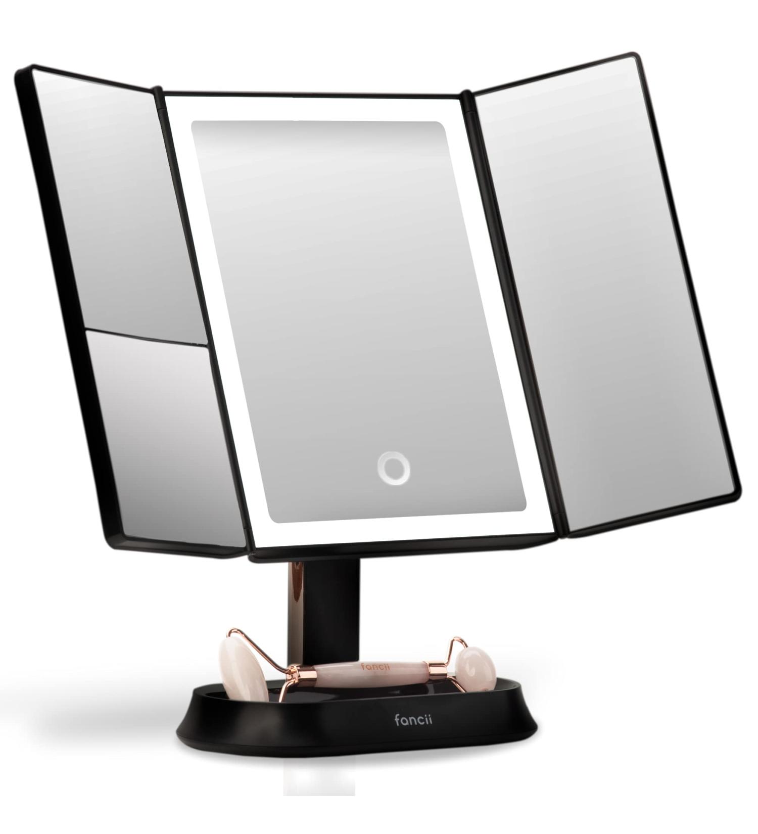 Fancii Sora Black Makeup Mirror - LED Lighted Trifold Vanity Mirror with 5X7X Magnification & Touch Screen - Buy Online on GoSupps.com