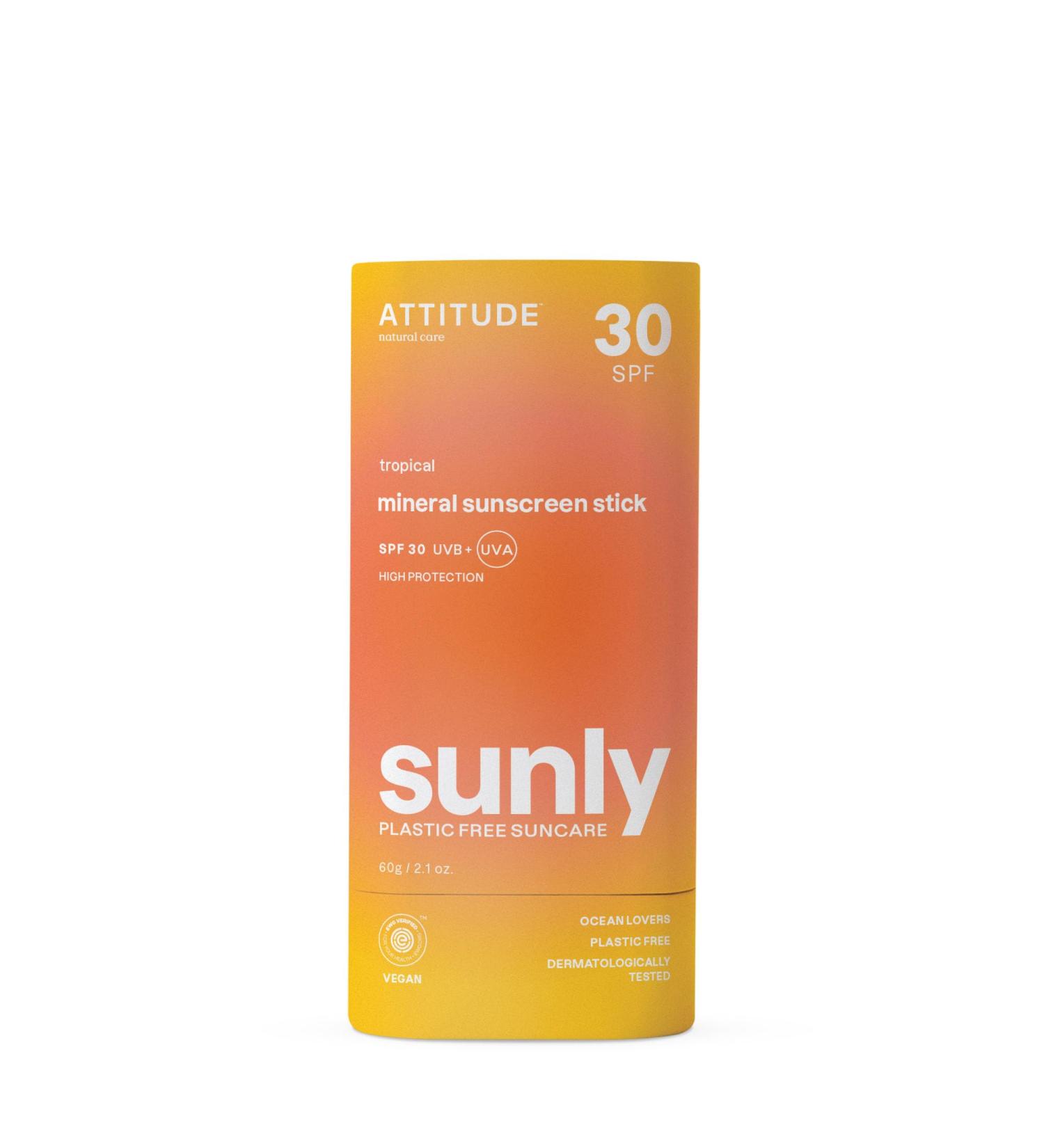 ATTITUDE Mineral Sunscreen Stick with Zinc Oxide SPF 30 EWG Verified Plastic-Free Broad Spectrum UVA/UVB Protection Dermatologically Tested Vegan Tropical 60 g - Buy Online on GoSupps.com