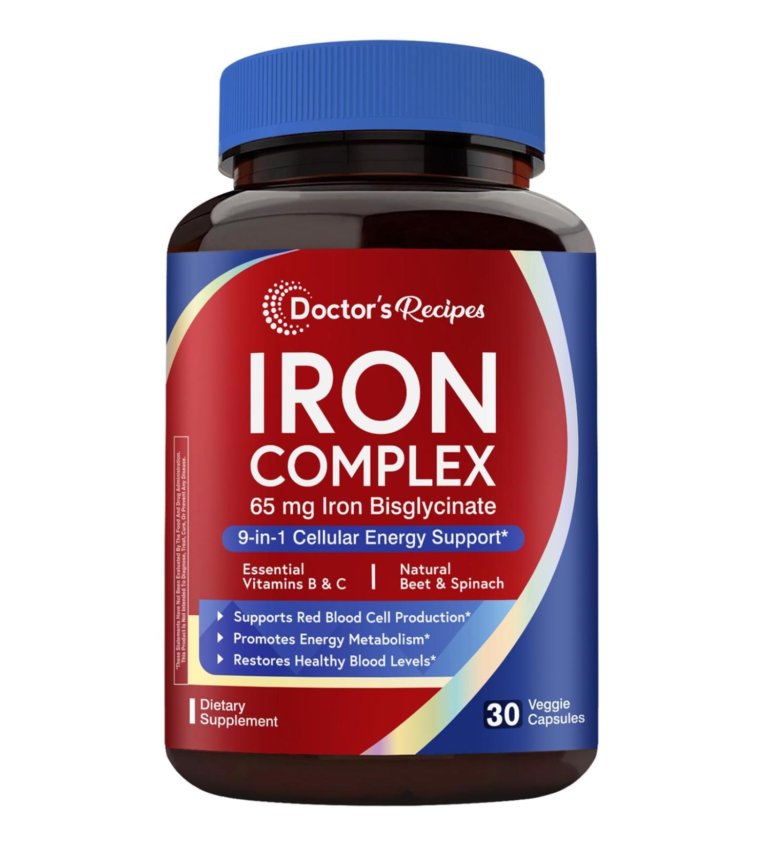 Doctor's Recipes Iron Supplement for Women 65 mg Iron Bisglycinate w/Vitamins C B6 Folic Acid & B12 Beet Root & Spinach Energy Production & Blood Health Stomach Friendly 30 Vegan Capsules - Buy Online on GoSupps.com