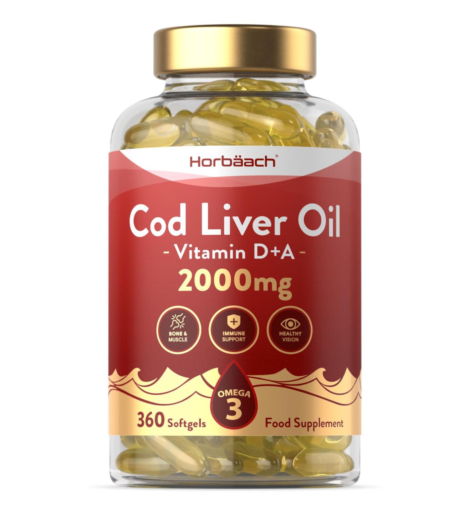 Cod Liver Oil Capsules High Strength | 2000mg | 360 Count | with Omega 3 Vitamin D and A | with 180mg of DHA and 130mg of EPA | by Horbaach - Buy Online on GoSupps.com