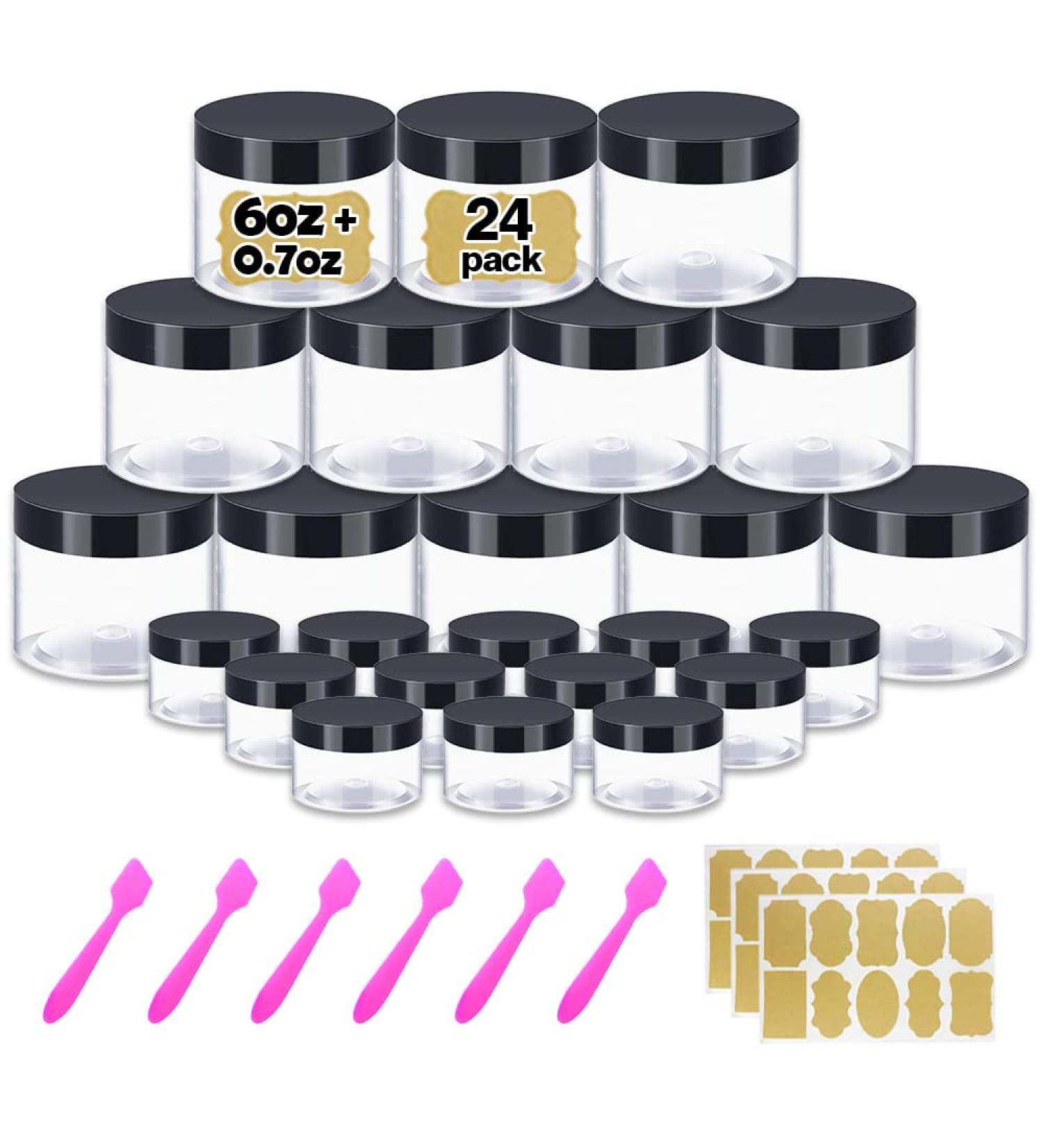 24 Pack 6oz Small Plastic Containers with Lids + 20g Cosmetic Sample Jars - Ideal for Lip Scrub, Body Butters, Slime - Craft Storage with Black Lids - Buy Online on GoSupps.com