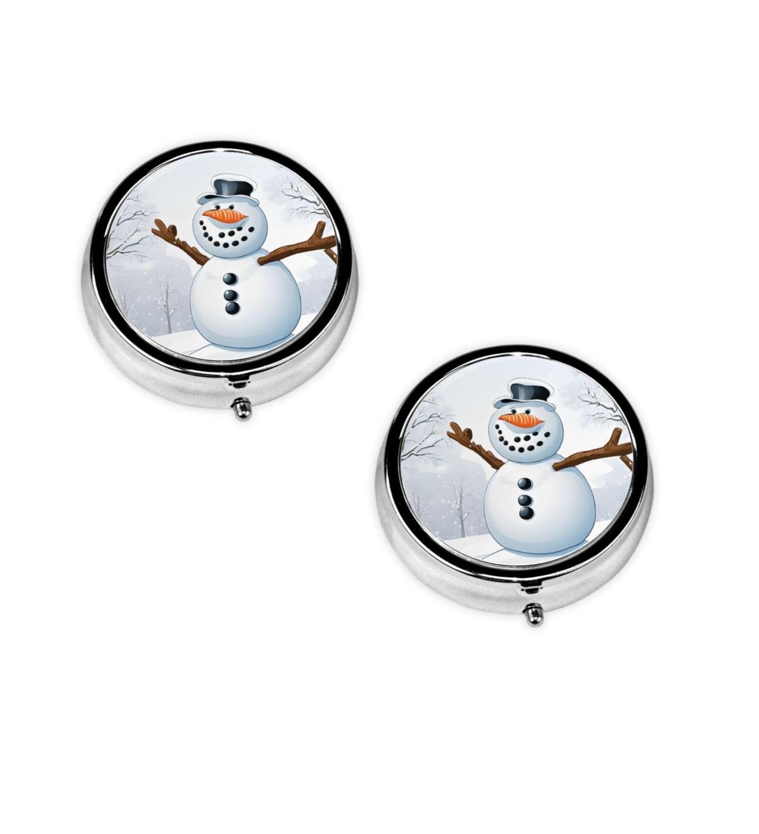 Merry Christmas Snowman Round Pill Box - 3 Compartment Portable Travel Medicine Organizer for Vitamins & Tablets - Buy Online on GoSupps.com