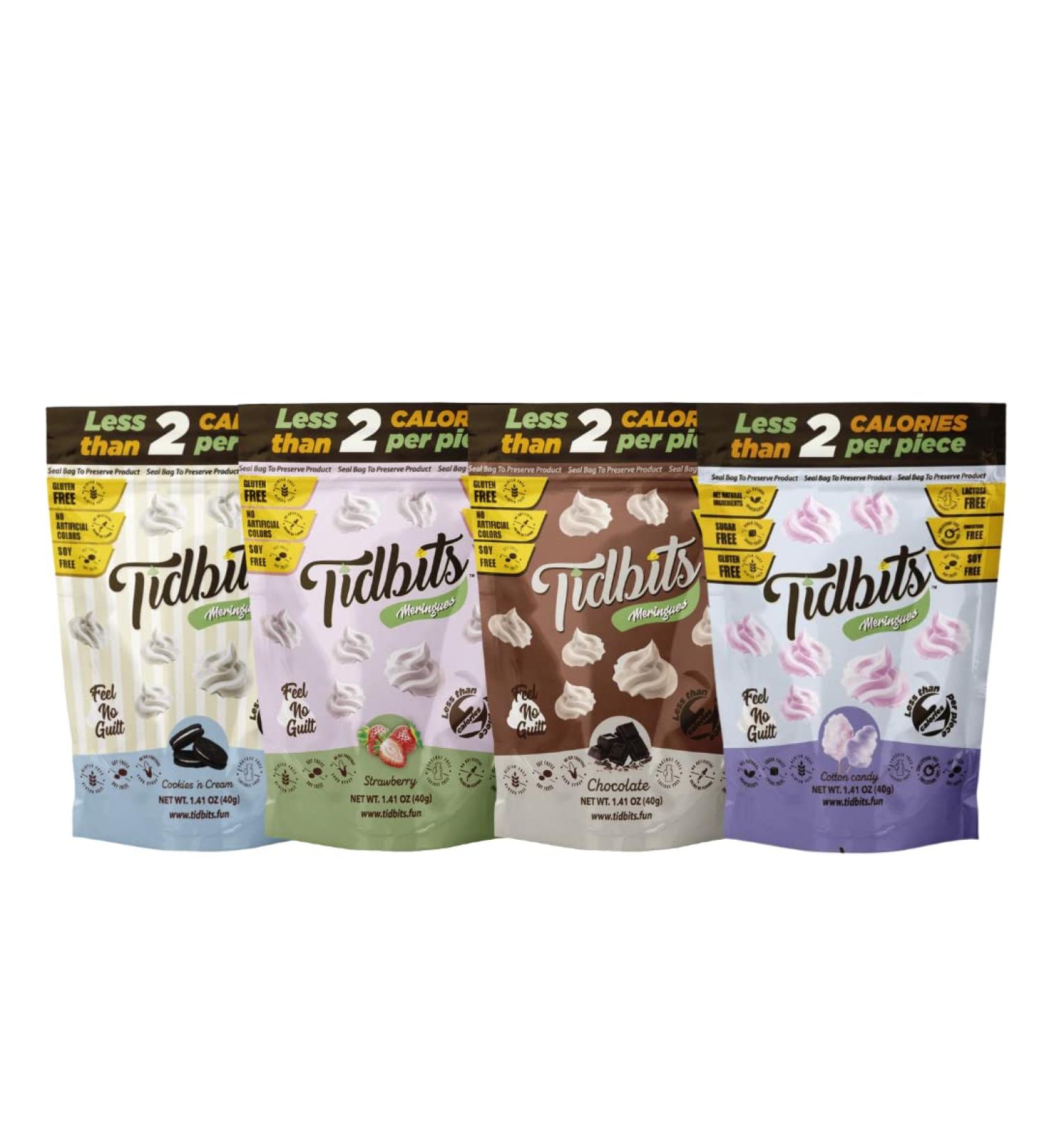 Tidbits Fun Bites Meringue Variety Pack | Low Calorie, Gluten Free, Sugar Free & Diabetic Snack | 4 Flavors - Cookies & Cream, Strawberry, Chocolate, Cotton Candy | 1.41 oz (Pack of 4) - Buy Online on GoSupps.com