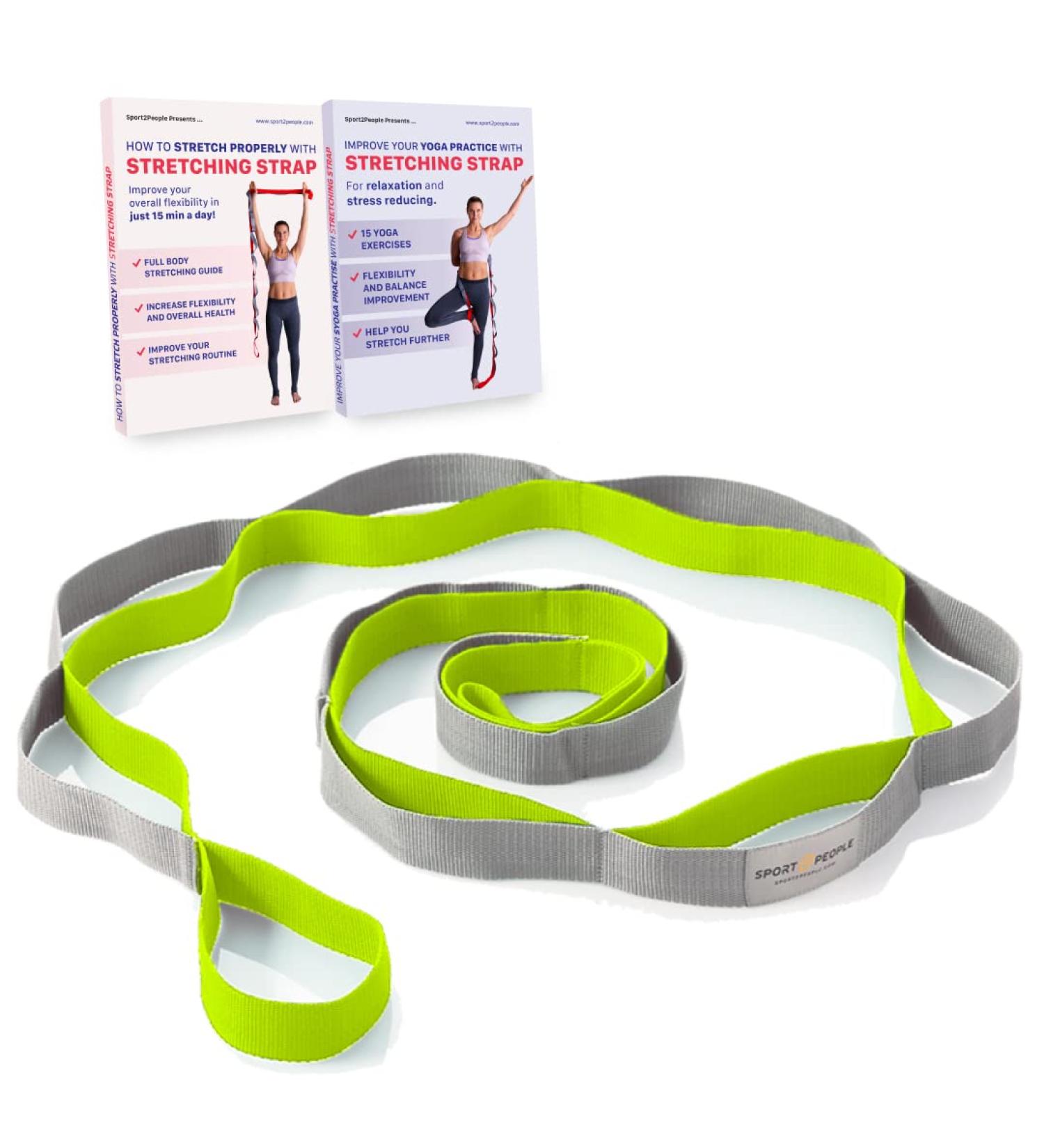 sport2people Stretching Strap for Yoga and Flexibility - 2 Free Exercise Ebooks Included | 12-Loop Stretch Band for Rehabilitation | Recommended by Therapists and Trainers | Gray-Dark Green - Buy Online on GoSupps.com
