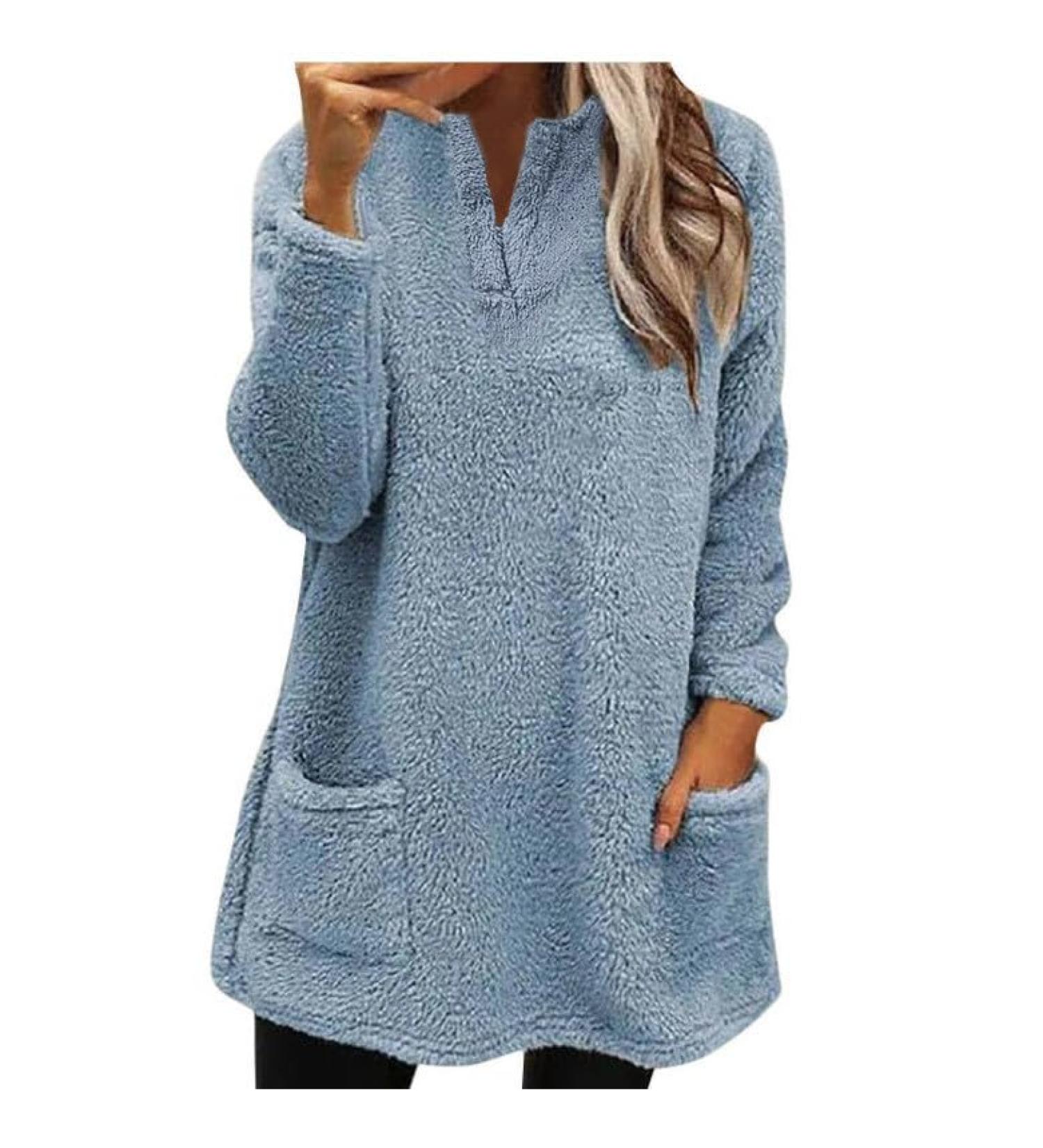 AMhomely Women's Teddy Fleece Hooded Jumper - Blue XL | Plus Size Double Fleece Casual Hoodies with V Neck, Pocket, and Soft Fleece for Winter | Lightweight Lounge Pullover Tops - Buy Online on GoSupps.com
