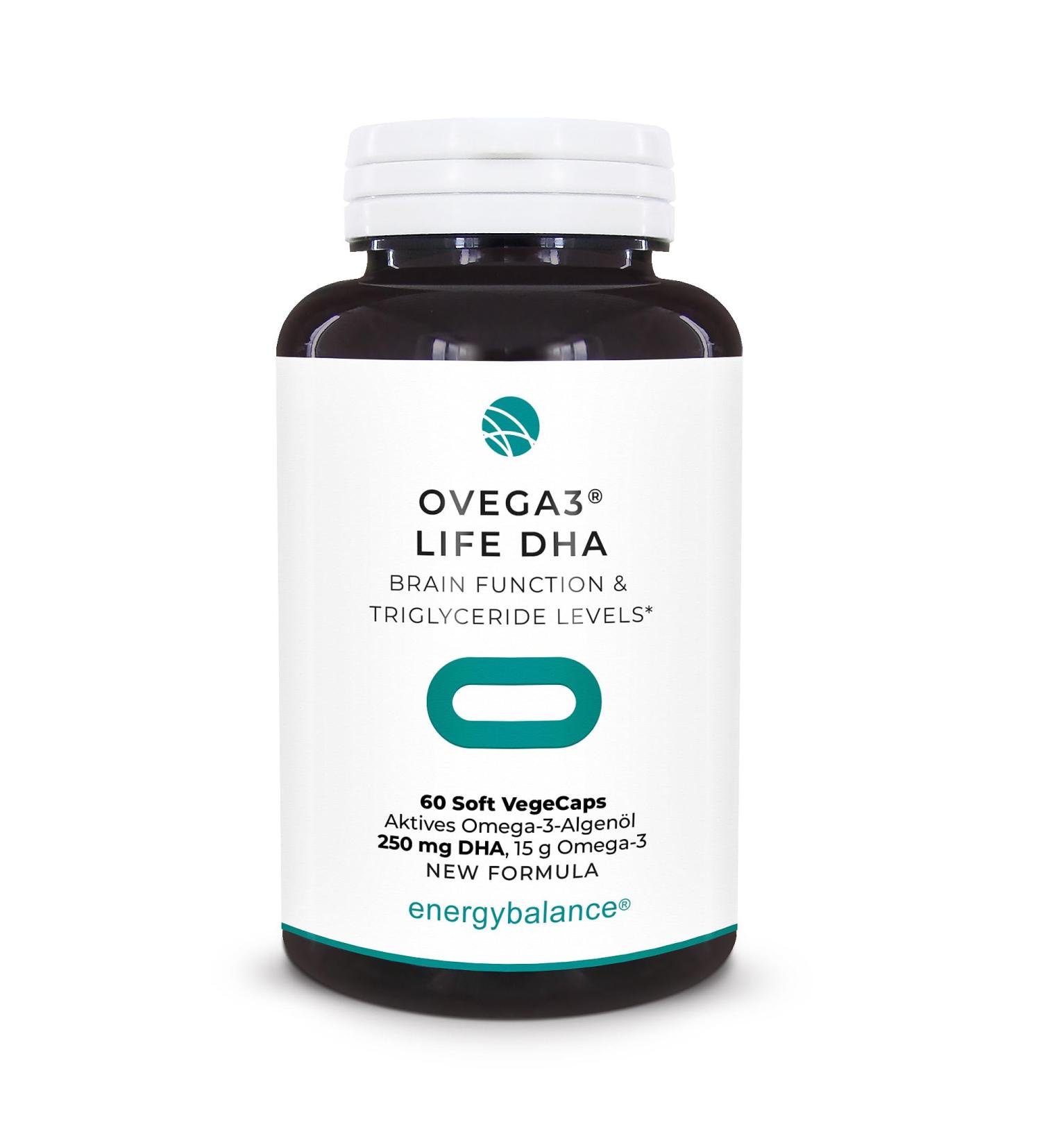 Energybalance Ovega3 Life - Capsules Algae oil DHA - High quality Omega 3 fatty acids vegetable alternative to fish oil - vegan gluten -free without gelatin - 60 Vegecaps 200 mg -3