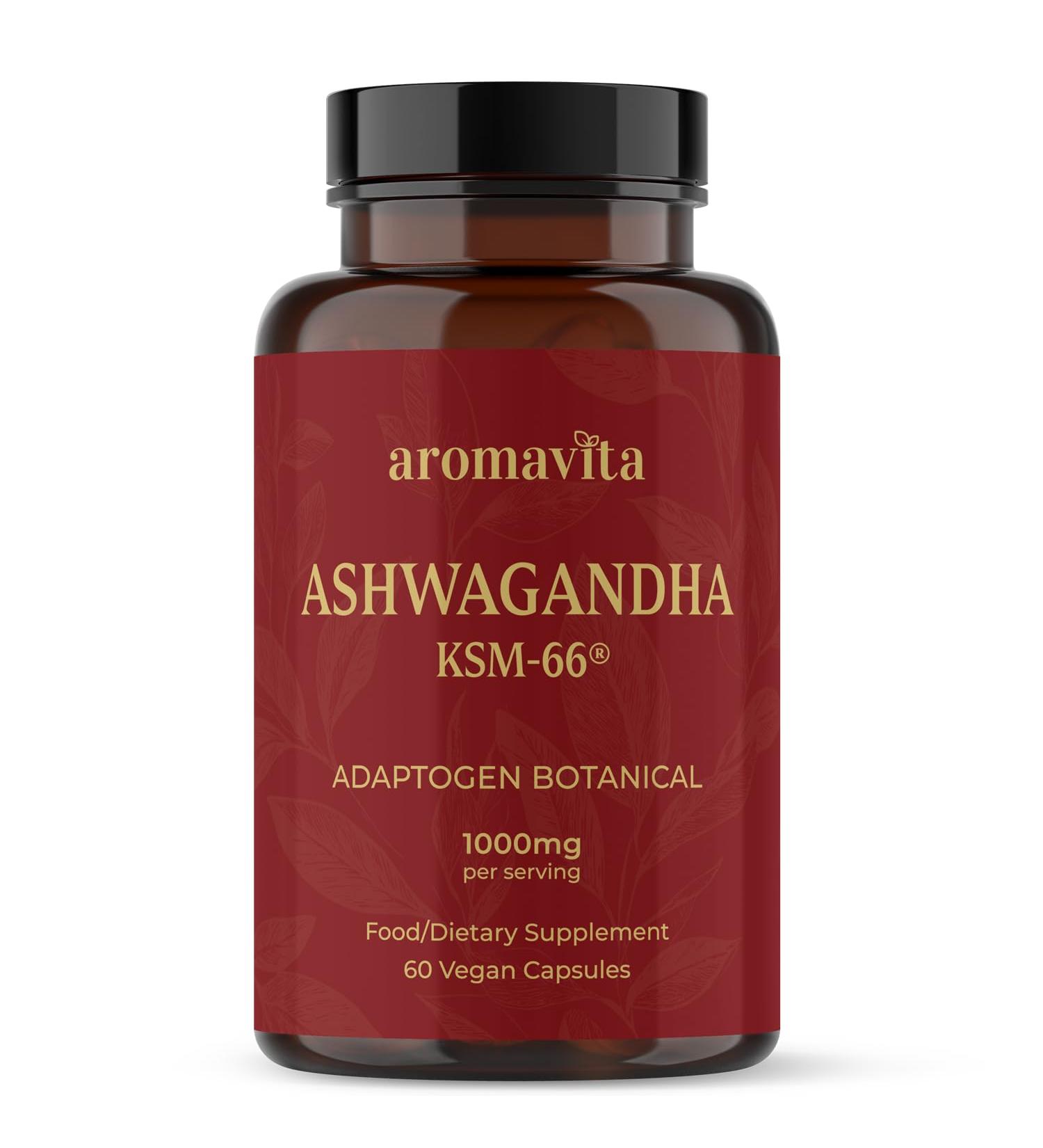 AROMAVITA Ashwagandha Capsules KSM-66 1000mg Daily Dose Pure Organic Root Powder Extract Ayurvedic Supplement - Focus Mood Support Increase Energy Strength. Natural KSM for Superior Absorption. - Buy Online on GoSupps.com