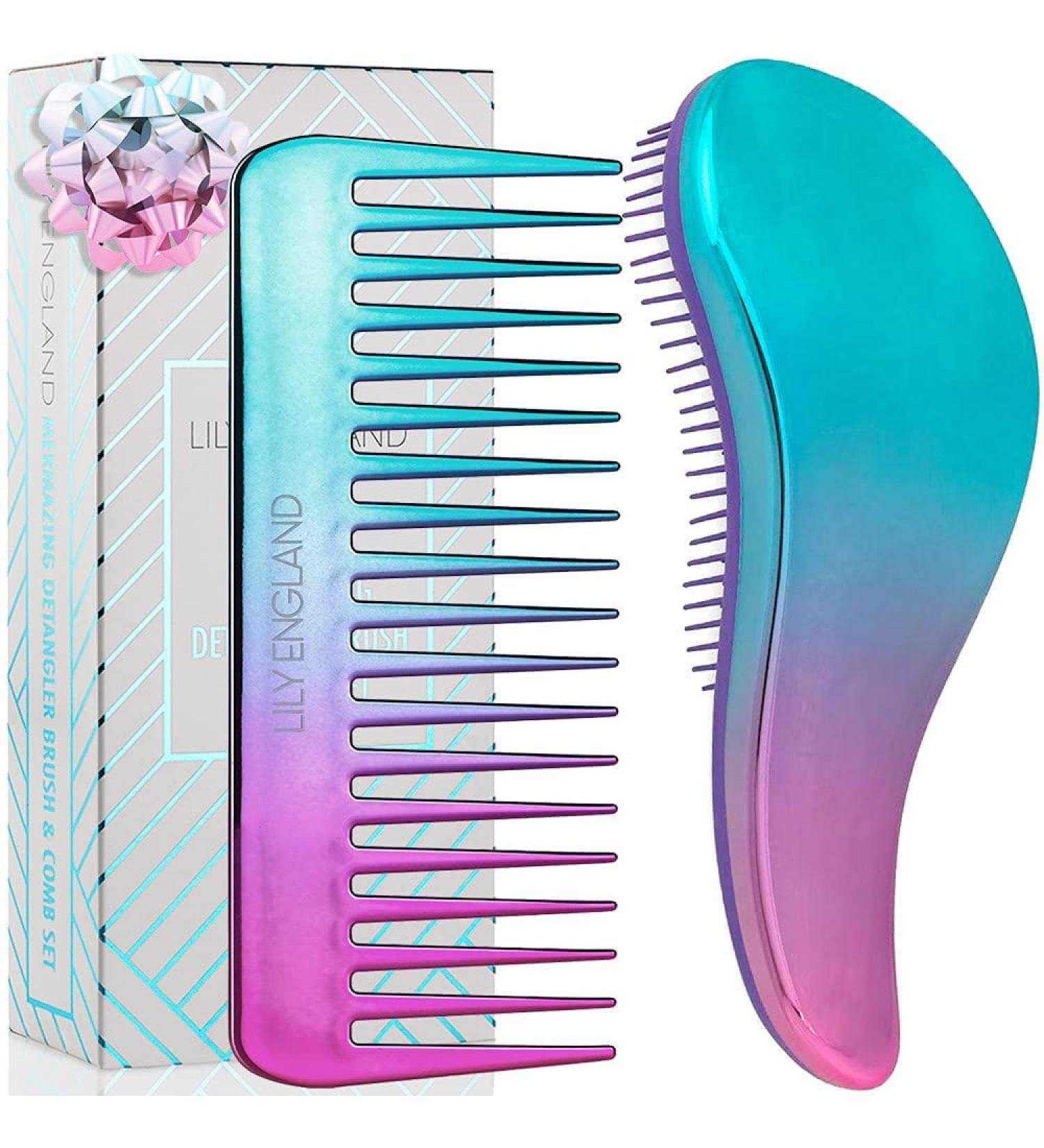 Detangling Brush and Wide Tooth Comb Set by Lily England - Ombre Mermaid Design | Lightweight Hairbrush for Women and Kids - Ideal for Wet and Dry Fine, Curly, Thick, Afro Hair - Buy Online on GoSupps.com