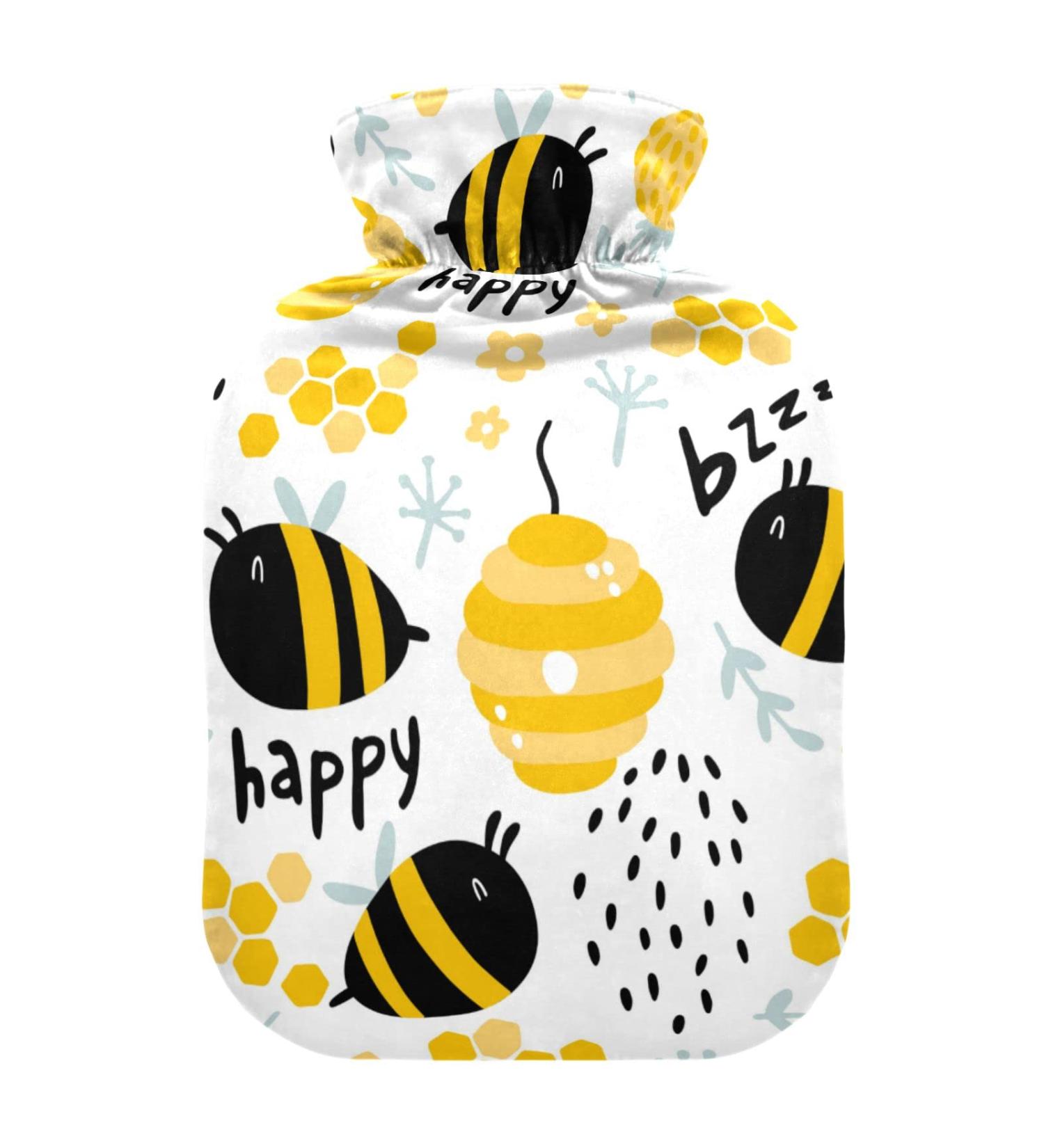 Heat bottle with cover 2 l of durable warm-up bag for hand feet shoulder and neck pain cramps heating skills and heat therapy patterns with funny bees and beehive flowers