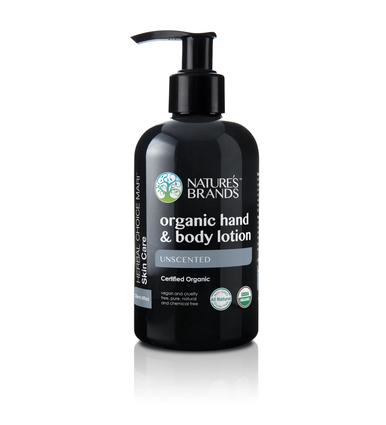 Nature's Brands Organic Hand & Body Lotion by Herbal Choice Mari (Unscented 8 Fl Oz BPA Free Plastic Bottle) - No Toxic Synthetic Chemicals