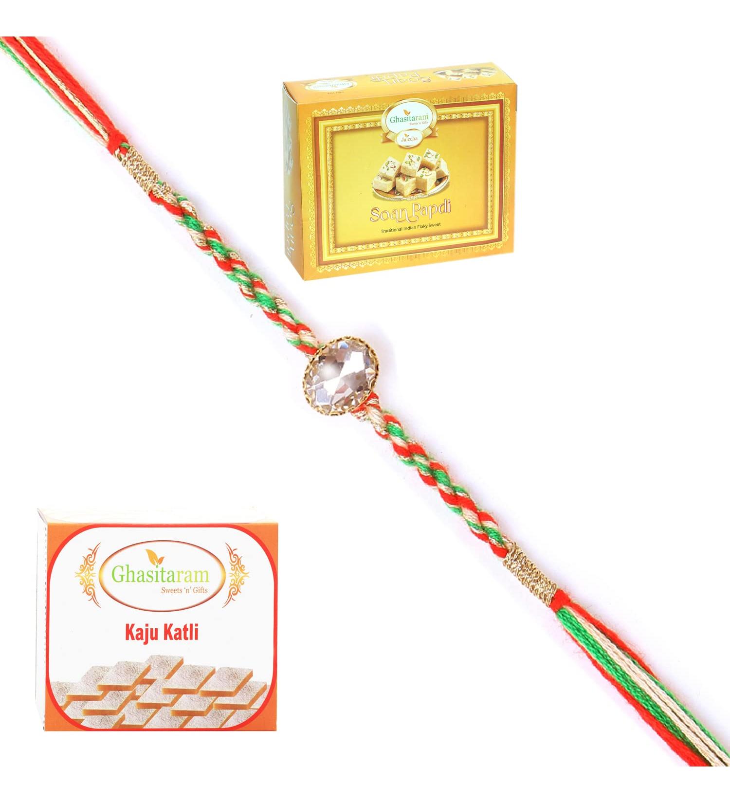 Ghasitaram Gifts Rakhi for Brother Rakhis Online - 6377 Fancy Thread Rakhi with 200 GMS of Kaju katli and 200 GMS of Soan Papdi - Buy Online on GoSupps.com