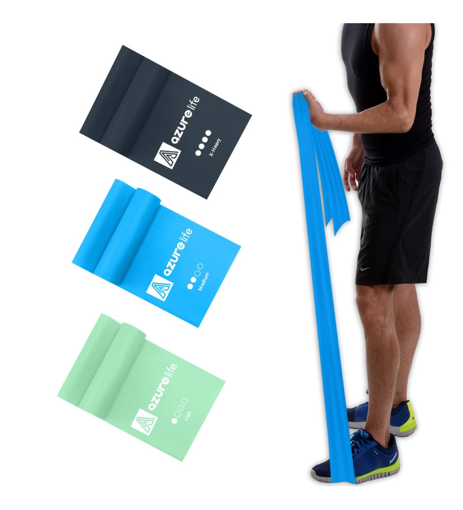 AZURELIFE Resistance Bands Set - Non-Latex Elastic Exercise Bands for Yoga, Pilates, Physical Therapy - 5 ft. Length - Strength Training at Home or Gym - Green/Blue/Gray - Buy Online on GoSupps.com