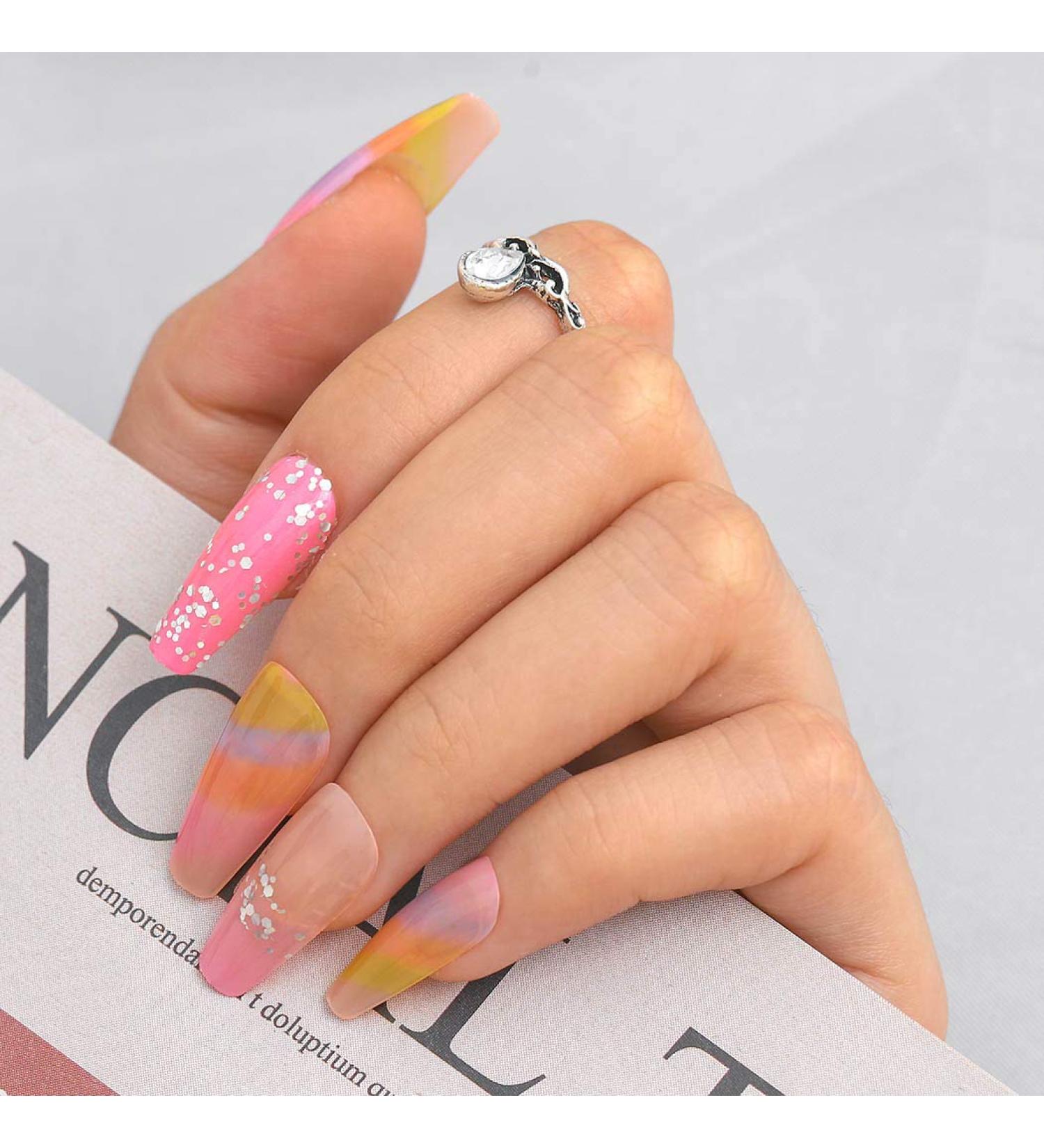 Sethexy Long Sparkle Ballerina False Nails - Colorful Coffin Acrylic Fingernails with Bling | 24pcs for Women & Girls - Buy Online on GoSupps.com