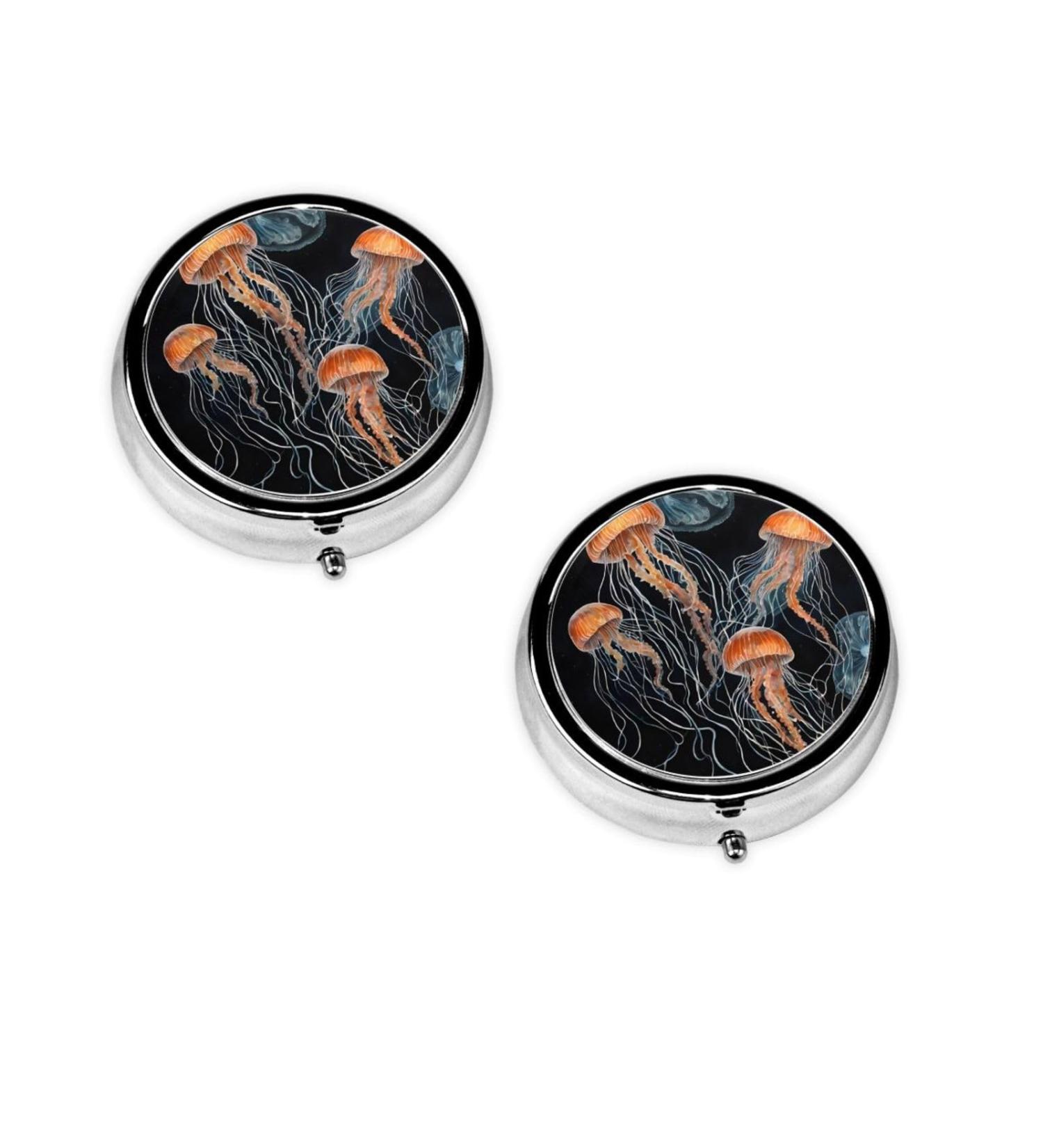 Buy Blue and Gold Jellyfish Mini Round Pill Box | 3 Compartment Portable Pill Organizer for Travel Home & Office - Buy Online on GoSupps.com