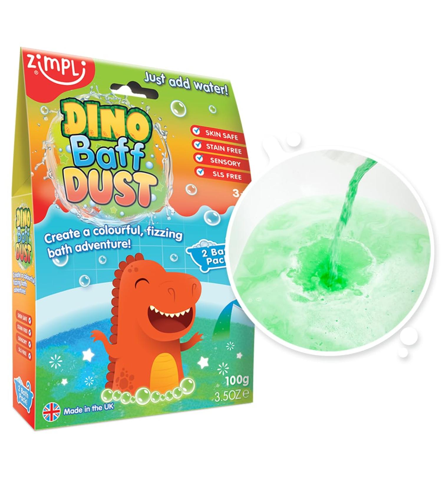 Dino Baff Dust 2 Bath Pack from Zimpli Kids Fizzing Scented Bath Powder for Children Great Gift Filler for Boys and Girls Dinosaur Toys for Boys Bath Bomb Fizz Vegan Friendly & Cruelty Free