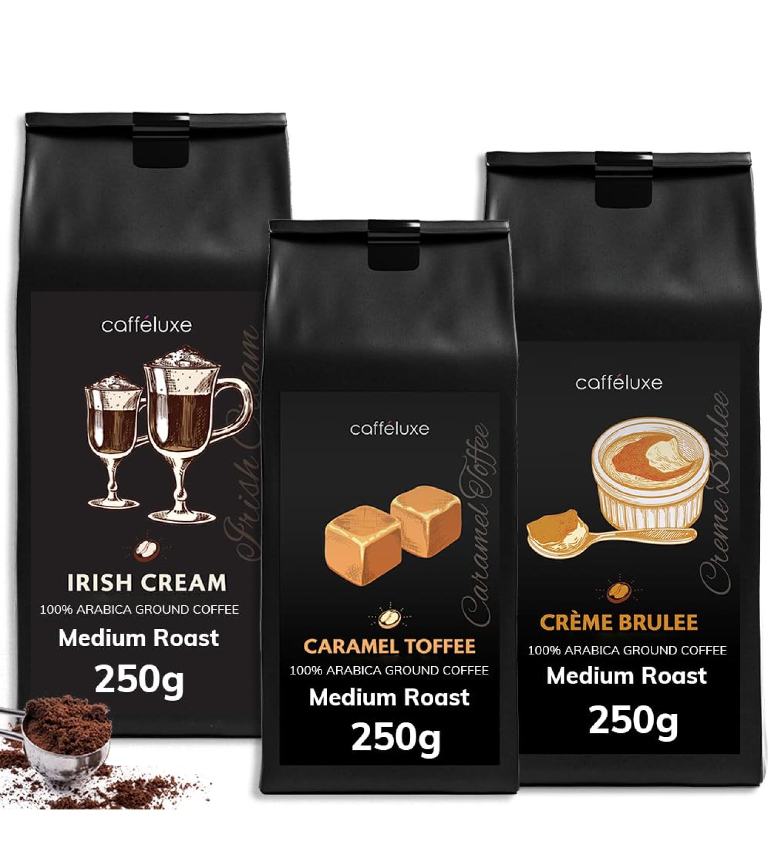 Caffeluxe Medium Roast Flavoured Ground Coffee Beans 100% Arabica Filter Coffee - Irish Cream Caramel Toffee & Cr me Br l e - 3x 250g - Buy Online on GoSupps.com