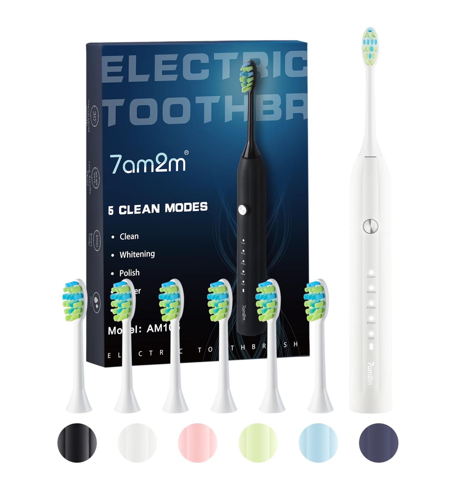 7AM2M Sonic Electric Toothbrush for Adults and Kids One Charge for 90 Days with 6 Brush Heads 5 Modes with 2 Minutes Build in Smart Timer Roman Column Handle Design (White) White No Travel Case - Buy Online on GoSupps.com