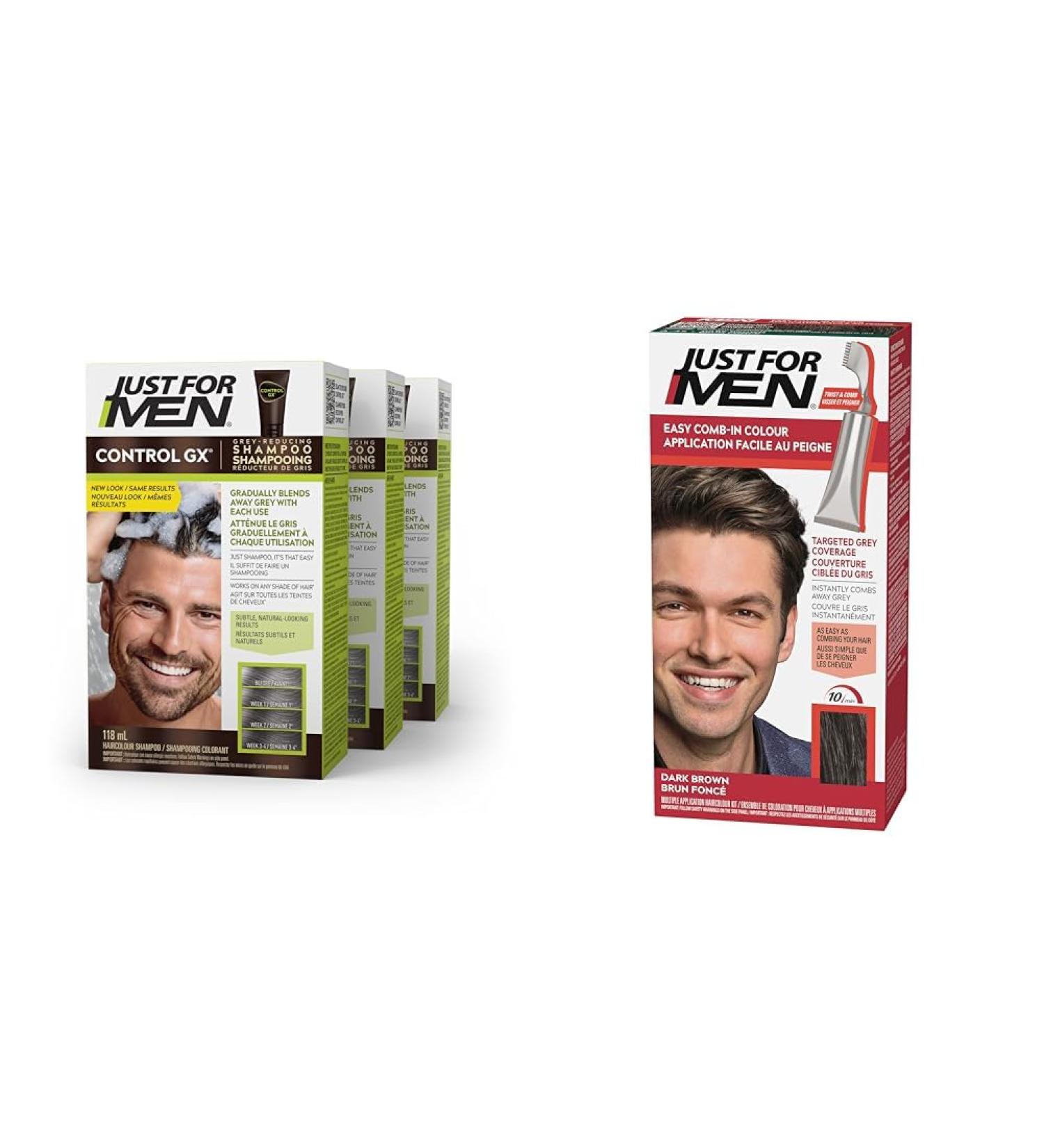Just For Men Control GX Grey Reducing Shampoo Gradually Colors Hair 118ml (3 Count) & Just For Men Easy Comb-In Color Grey Hair Coloring for Men with Comb Applicator - Dark Brown A-45 (1 Count) - Buy Online on GoSupps.com