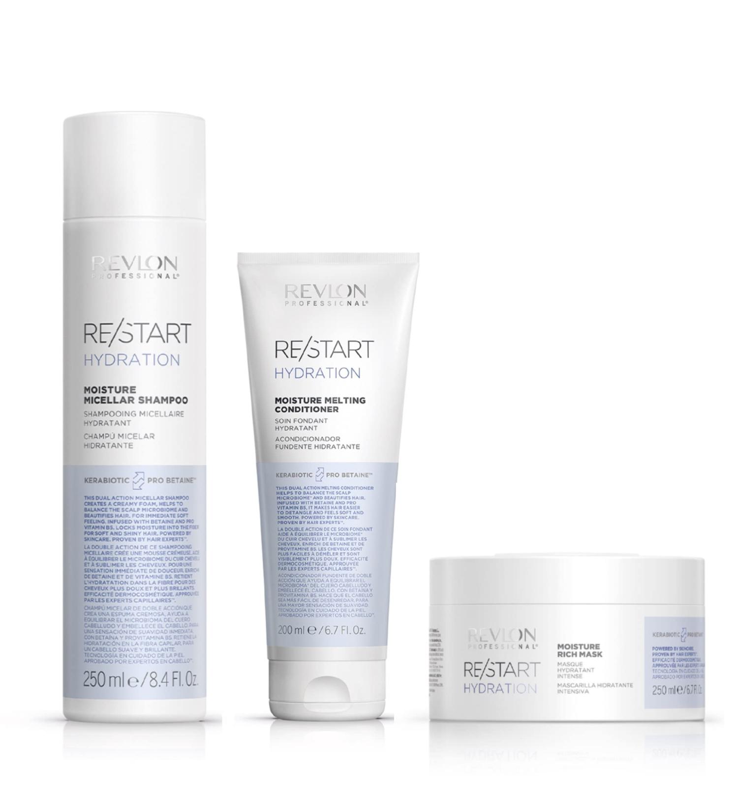 REVLON PROFESSIONAL RE/START Hydration Routine Shampoing Micellaire Hydratant 250 ml + Apr s-shampoing Soin Fondant Hydratant 200 ml + Masque Hydratant 250 ml pour cheveux secs et ab m s - Buy Online on GoSupps.com