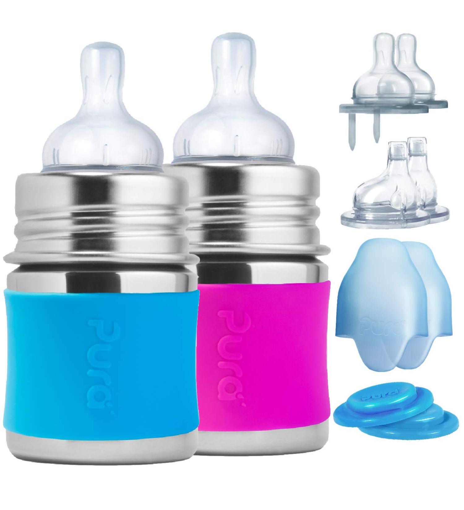 Pura Kiki Newborn Baby Bottle Gift Set - BPA-Free Stainless Steel - Anti-Colic Silicone Feeding Set for Breastmilk & Formula - 5 oz Aqua & Pink - Buy Online on GoSupps.com