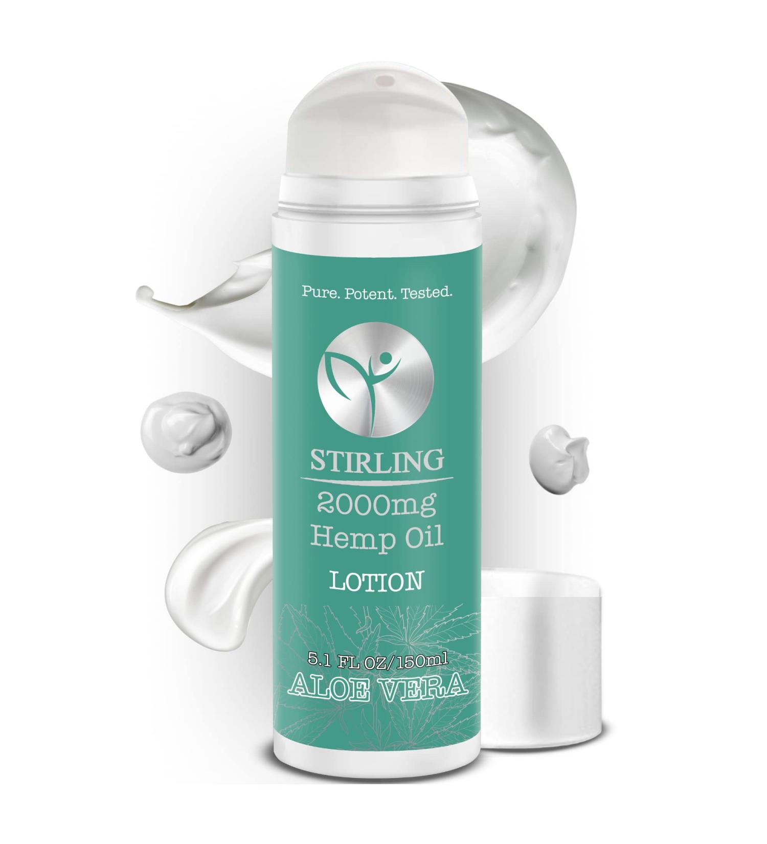 STIRLING Hemp Lotion with Aloe Vera - 2000mg Hemp Oil - Maximum Strength Formula for Sunburn, Cuts, Stress Relief - Buy Online on GoSupps.com