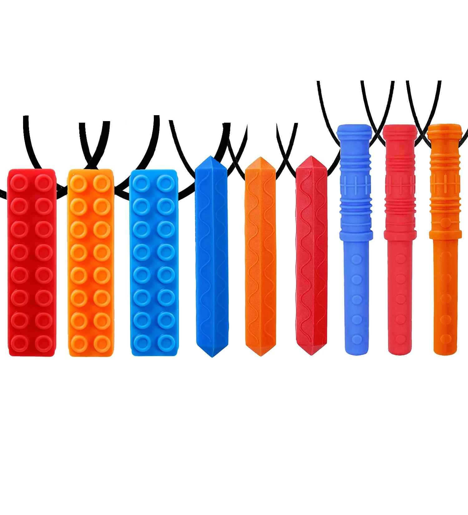 Gnawrishing Sensory Chew Necklace 9-Pack - Block, Cylinder, Rhombus Shapes for Autism, ADHD, SPD - Durable Chewable Jewelry for Kids - Buy Online on GoSupps.com