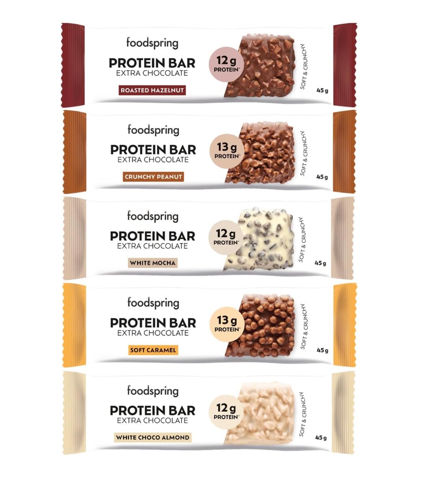 foodspring - Protein Bar Extra Chocolate Variety Pack - 15 assorted protein bars of 45 g - Low Sugar - High protein - Buy Online on GoSupps.com
