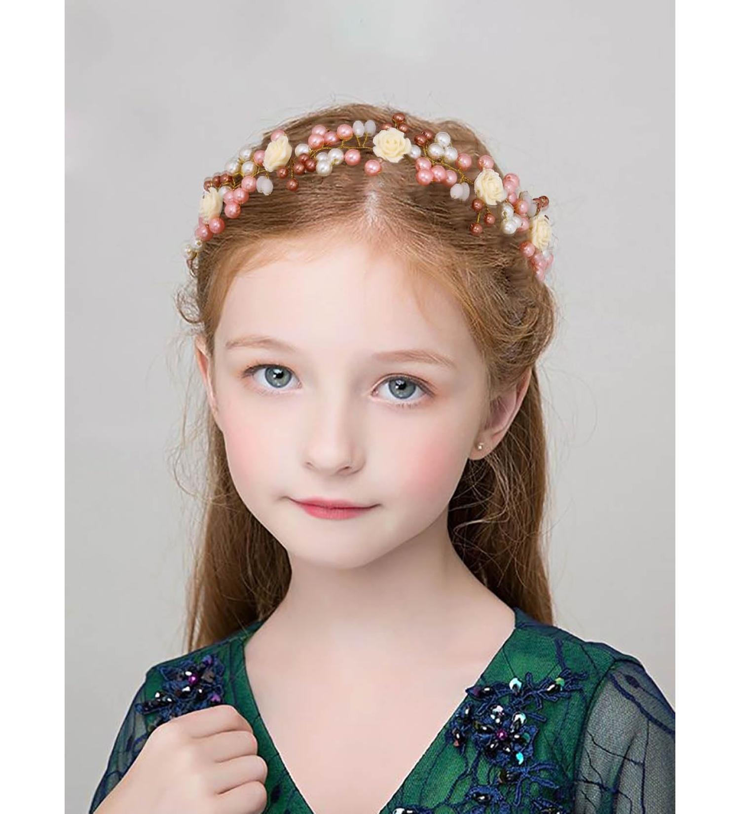 IYOU Flower Girl Headpiece Gold Pearl Communion Headband Floral Wedding Hair Accessories for Girls - Buy Online on GoSupps.com