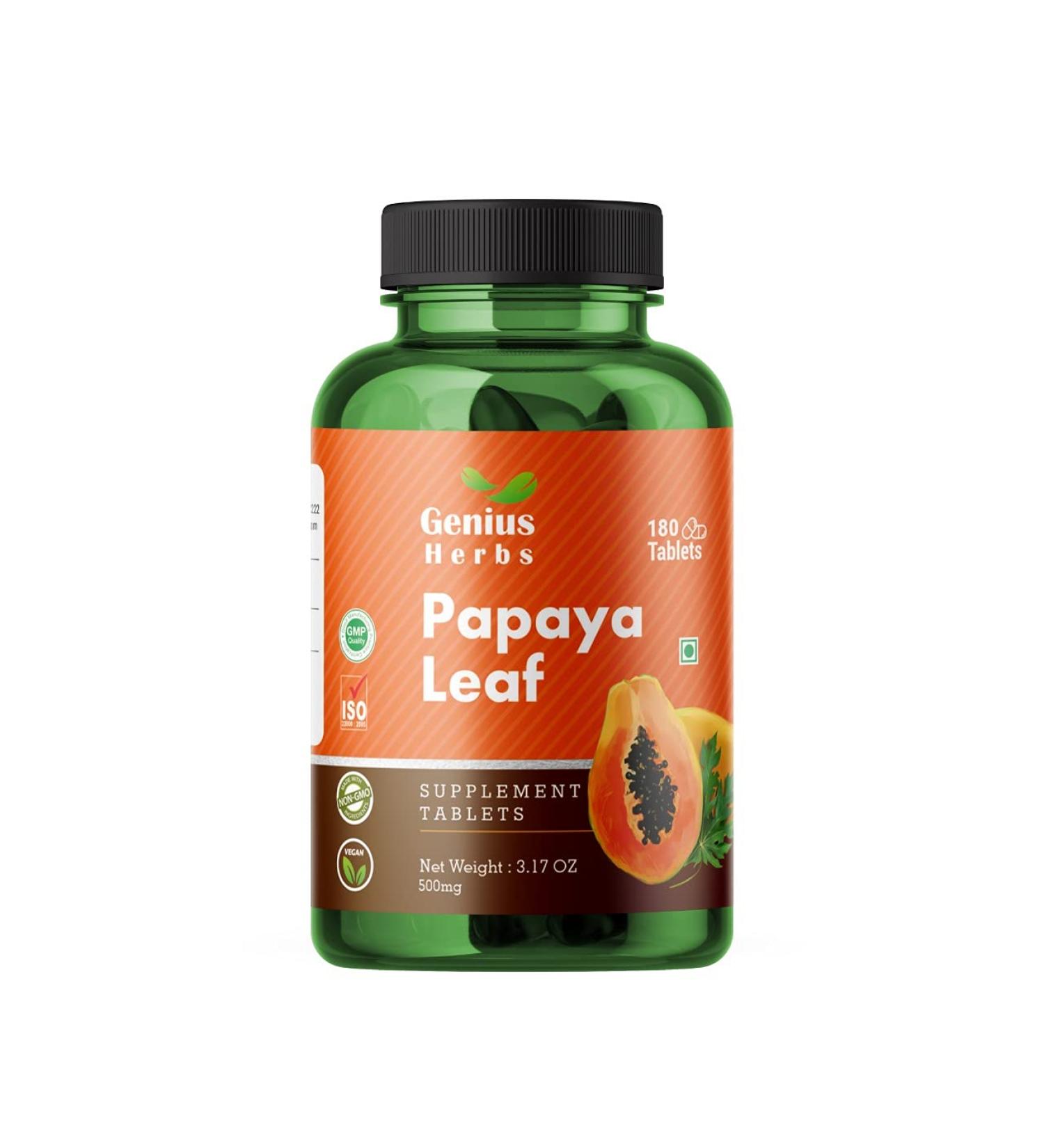 Genius Herbs Papaya Leaf Tablets 1000mg - 180 Tablets, Immunity Boost & Natural Detox - Buy Online on GoSupps.com