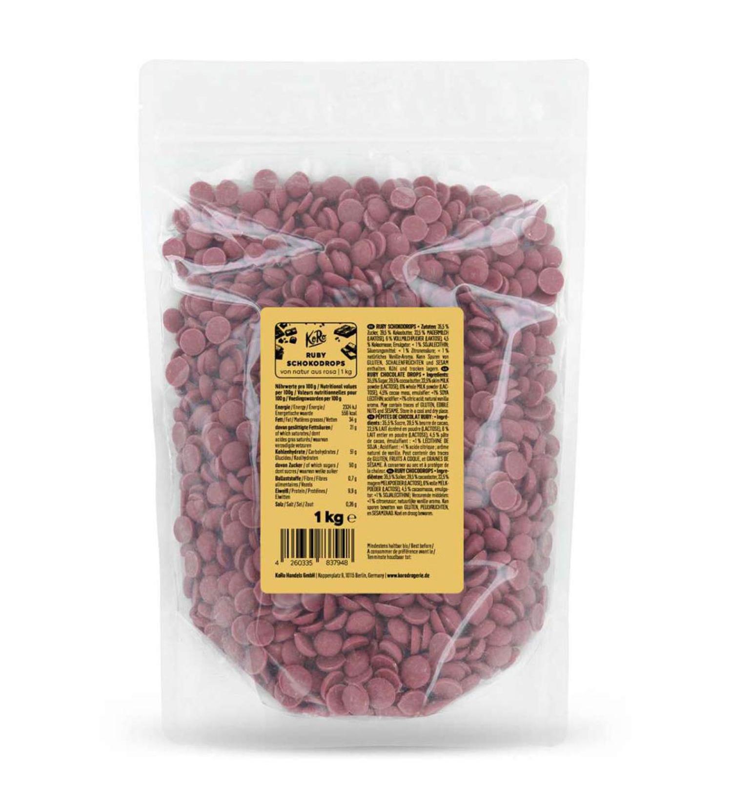 Koro Ruby Chocolate Drops 1kg - 47.3% Cocoa Naturally Pink No Dyes Ideal for Baking & Refining - Shop Internationally! - Buy Online on GoSupps.com