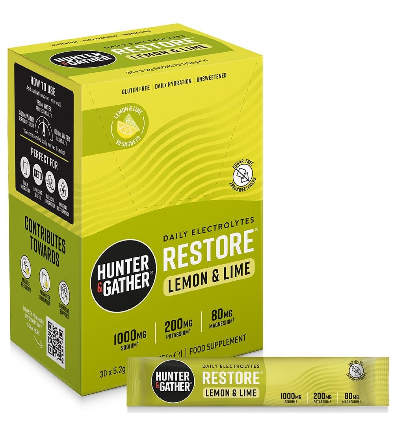 Hunter & Gather Restore Electrolytes Lot de 30 sachets de poudre I Citron et citron vert | Sans sucre I Hydration 100 % naturelle I Rapport min ral optimal I avec sel rose de l'Himalaya I C to I - Buy Online on GoSupps.com